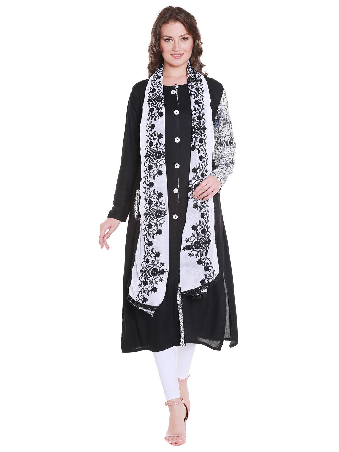 Dupatta Bazaar Women's White Chiffon Dupatta with black embroidery. - Dupatta Bazaar