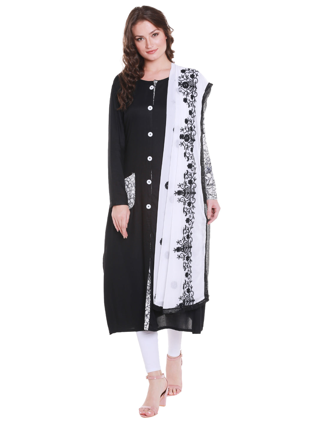 Dupatta Bazaar Women's White Chiffon Dupatta with black embroidery. - Dupatta Bazaar
