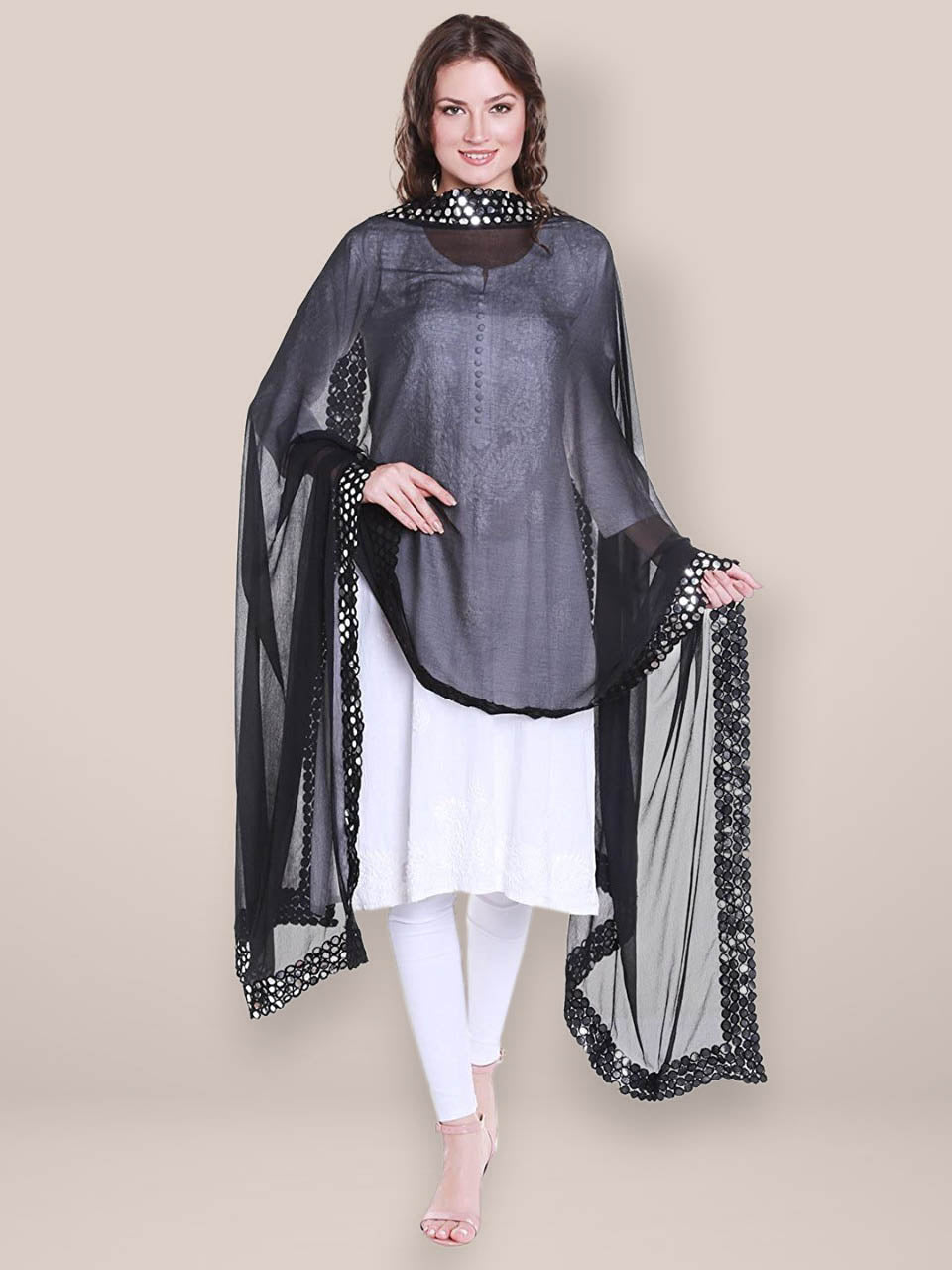 Chiffon Dupatta with Mirror Work on Border. freeshipping - Dupatta Bazaar