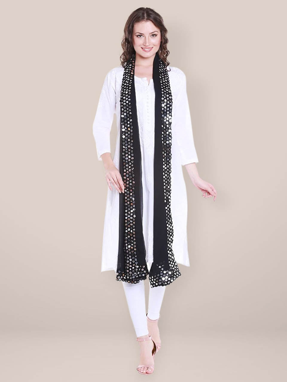 Black Chiffon Dupatta with Mirror work lace. freeshipping - Dupatta Bazaar