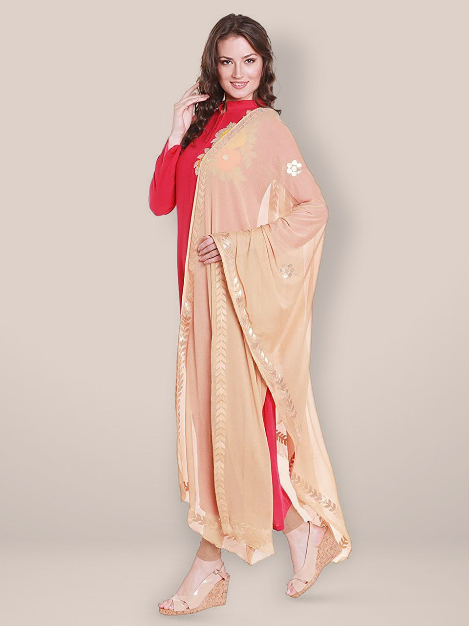 Beige Chiffon Dupatta with Gold Gotta Patti Work. freeshipping - Dupatta Bazaar