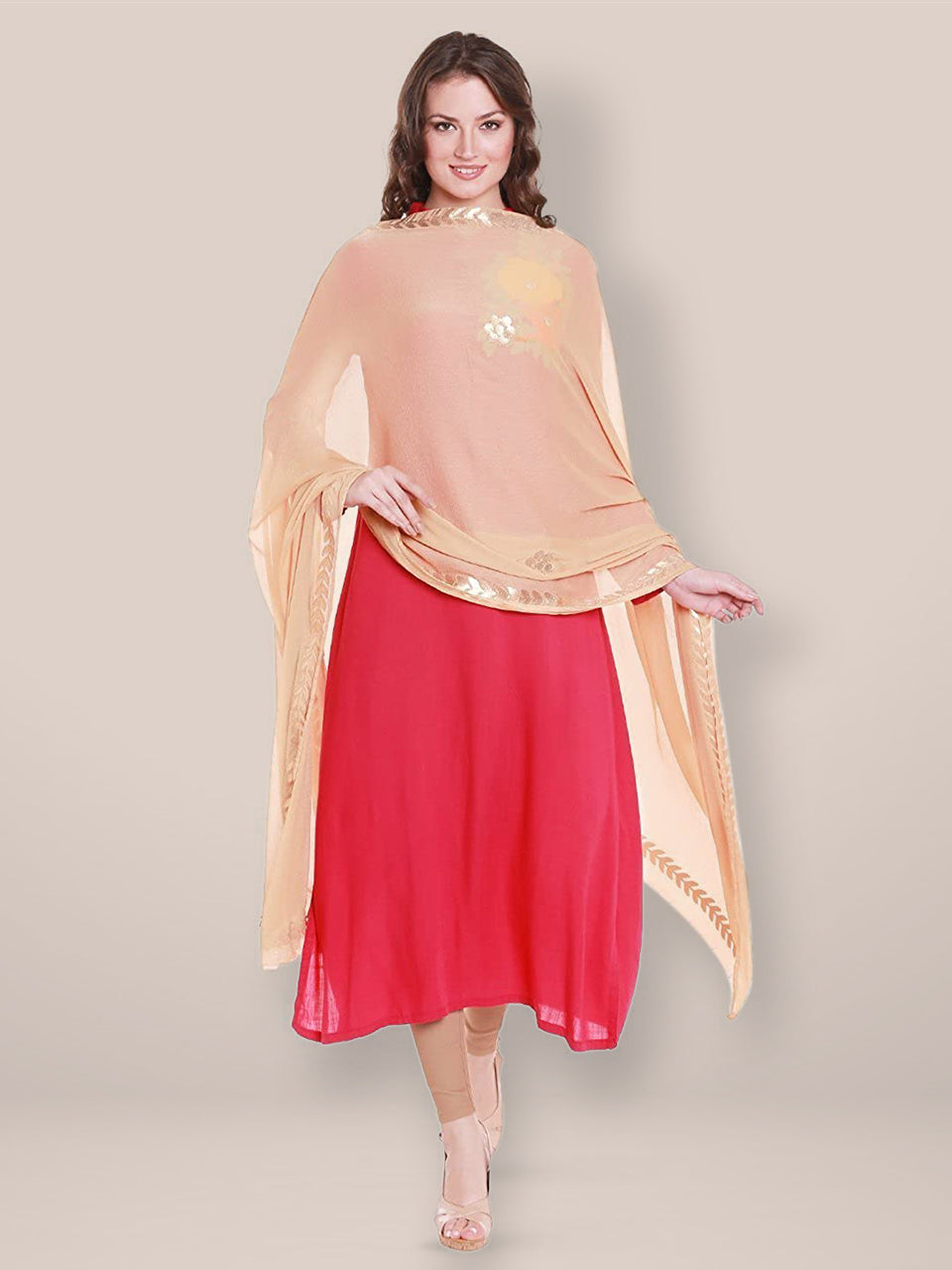 Beige Chiffon Dupatta with Gold Gotta Patti Work. freeshipping - Dupatta Bazaar