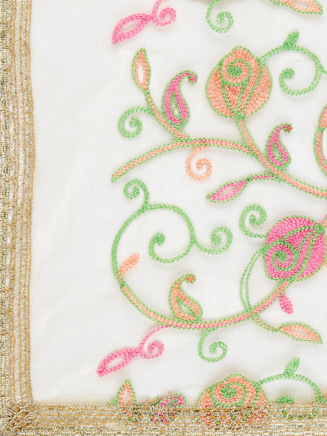 Dupatta Bazaar Women's Gold Net Dupatta with Multicoloured Pastel Embroidery. - Dupatta Bazaar