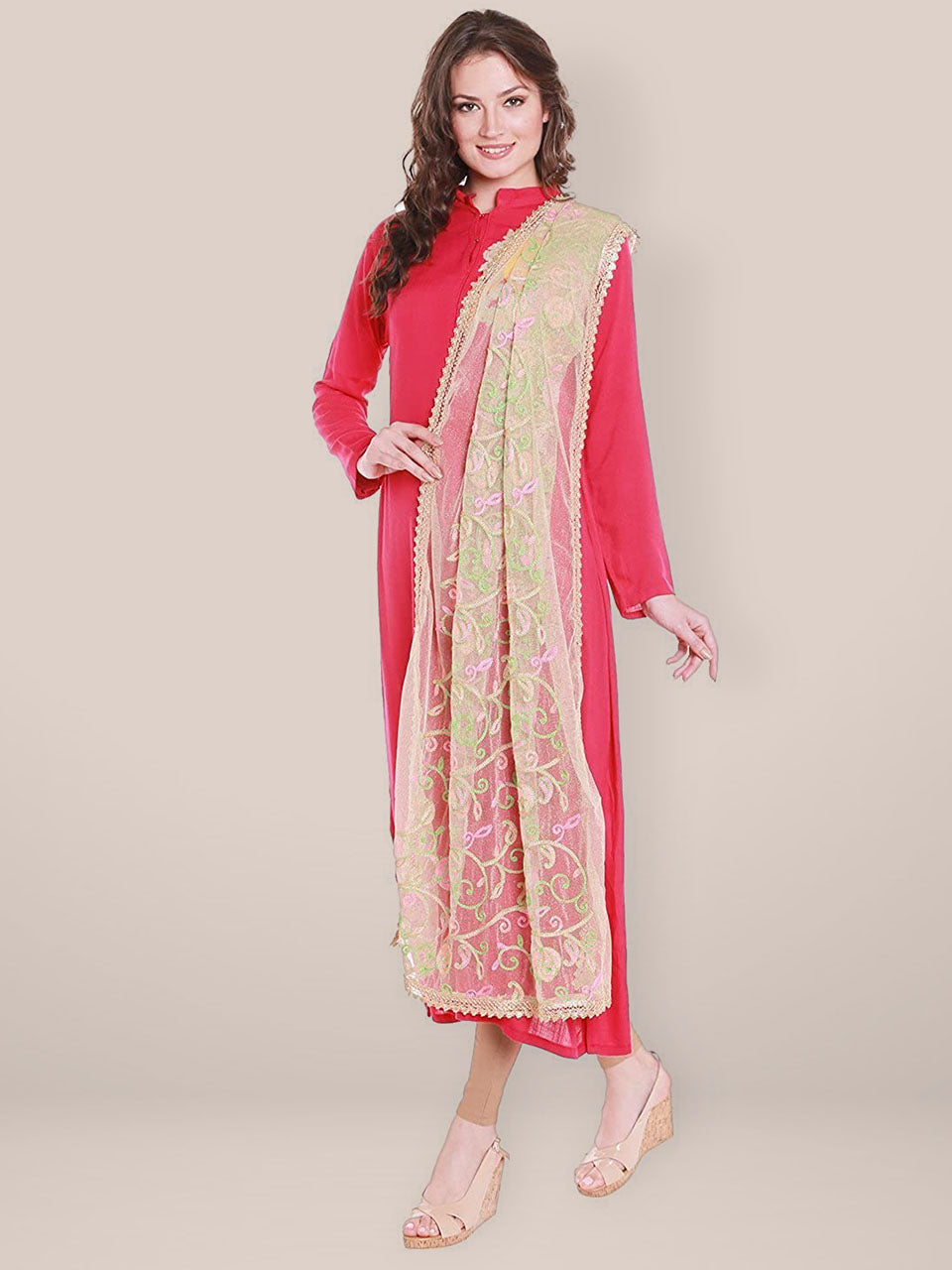 Gold Net Dupatta with Multicoloured Embroidery. freeshipping - Dupatta Bazaar