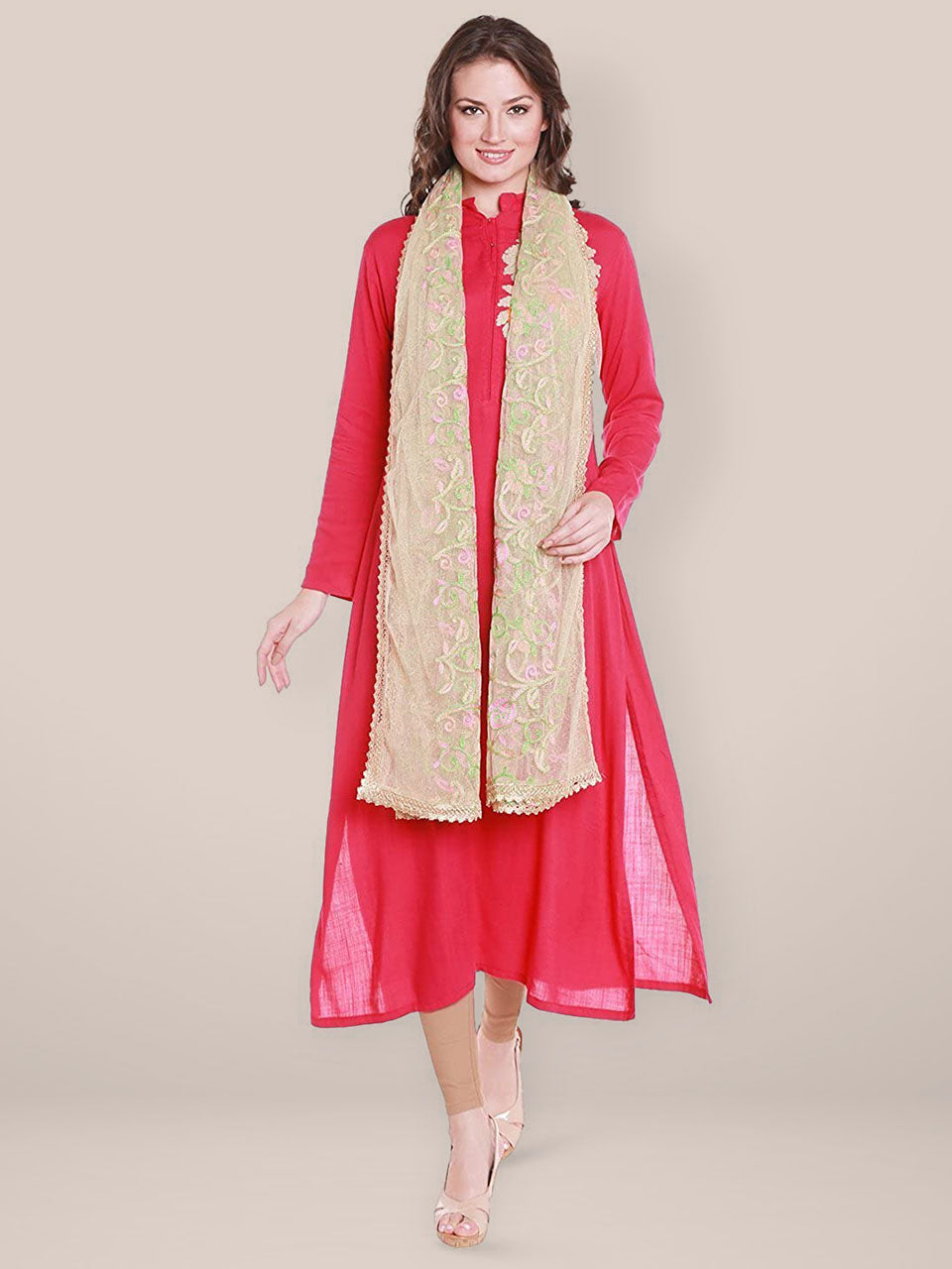 Gold Net Dupatta with Multicoloured Embroidery. freeshipping - Dupatta Bazaar