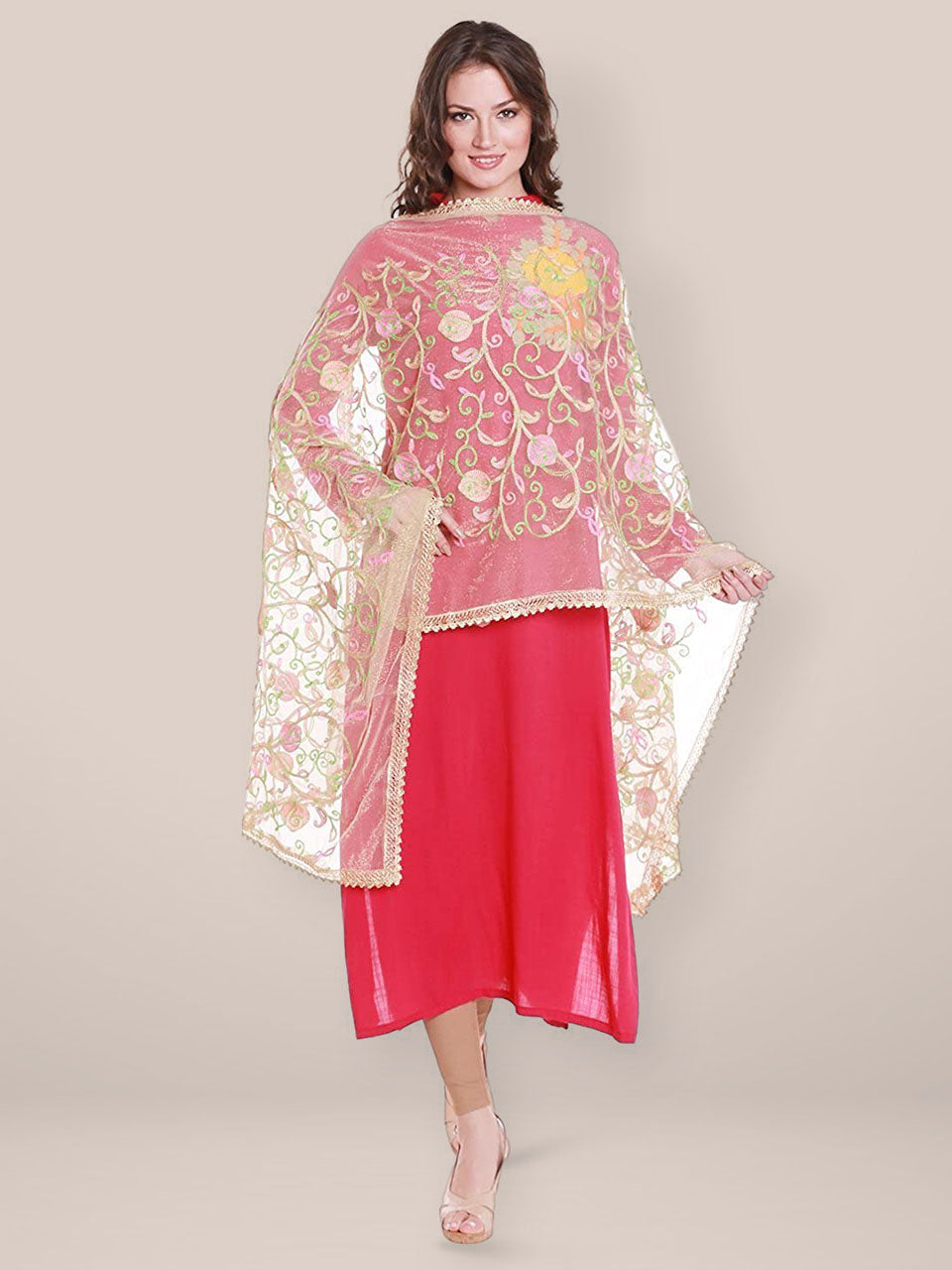 Gold Net Dupatta with Multicoloured Embroidery. freeshipping - Dupatta Bazaar