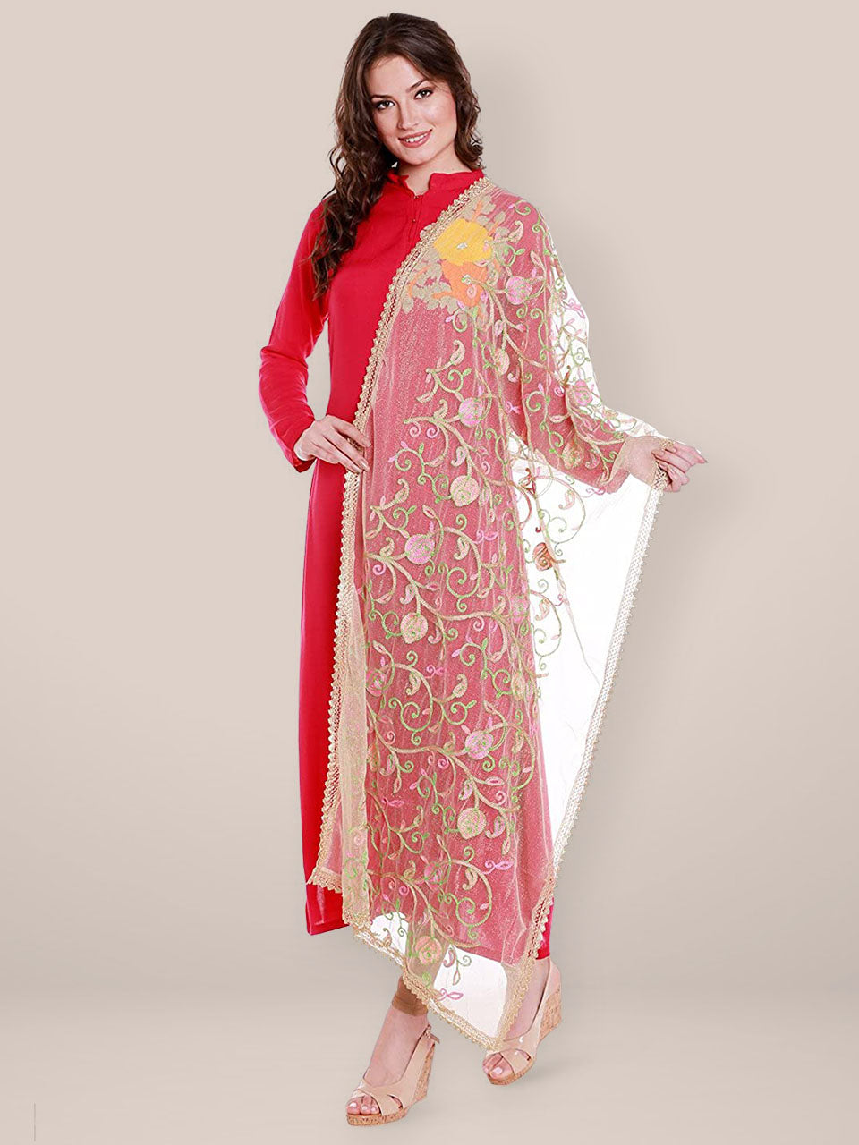 Gold Net Dupatta with Multicoloured Embroidery. freeshipping - Dupatta Bazaar