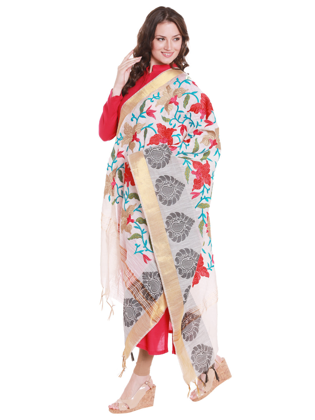 Dupatta Bazaar Women's Cotton Silk Dupatta with Multicoloured Floral Embroidery. - Dupatta Bazaar