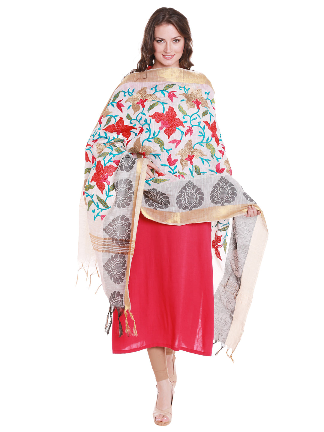 Dupatta Bazaar Women's Cotton Silk Dupatta with Multicoloured Floral Embroidery. - Dupatta Bazaar
