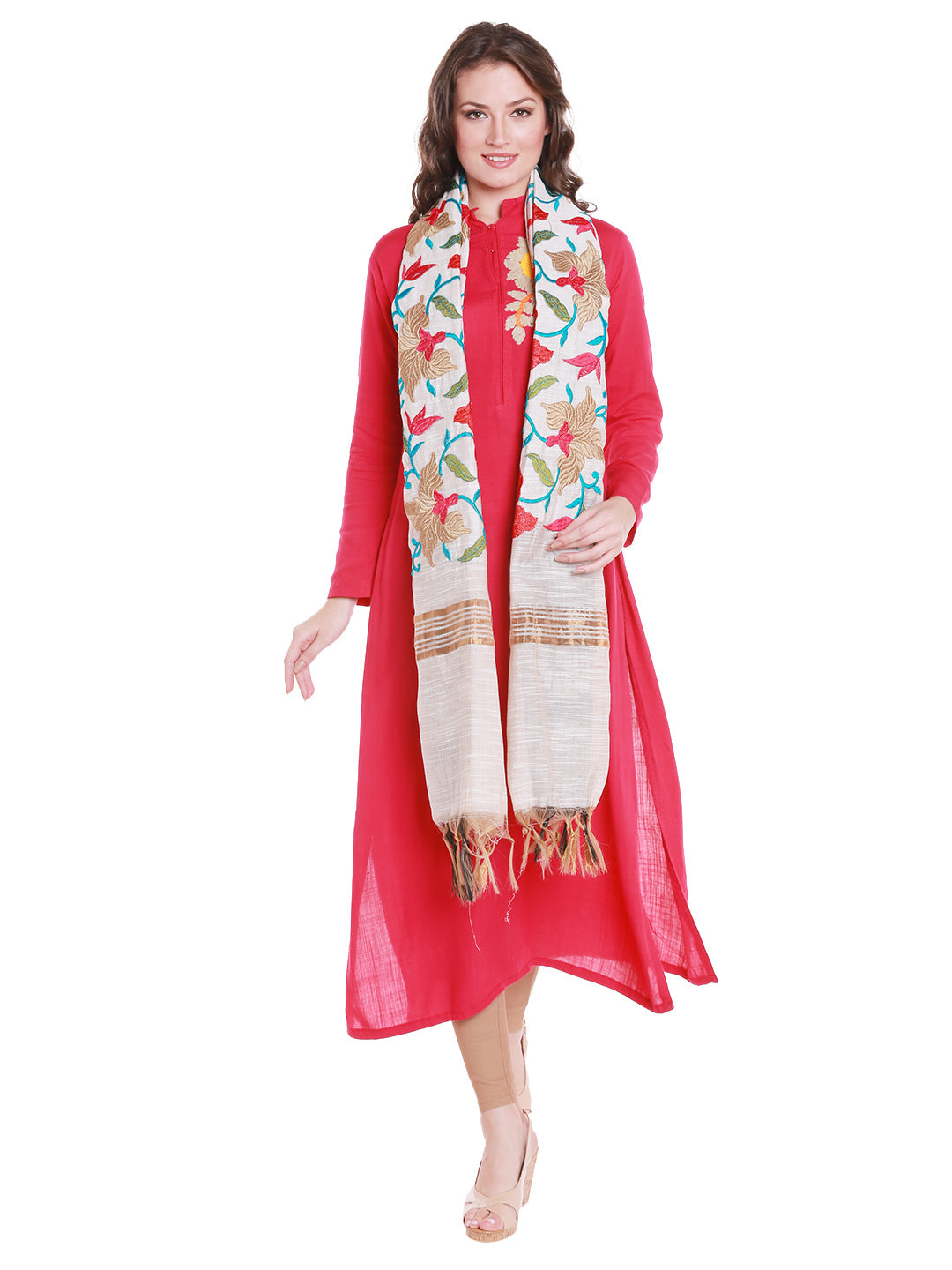 Dupatta Bazaar Women's Cotton Silk Dupatta with Multicoloured Floral Embroidery. - Dupatta Bazaar