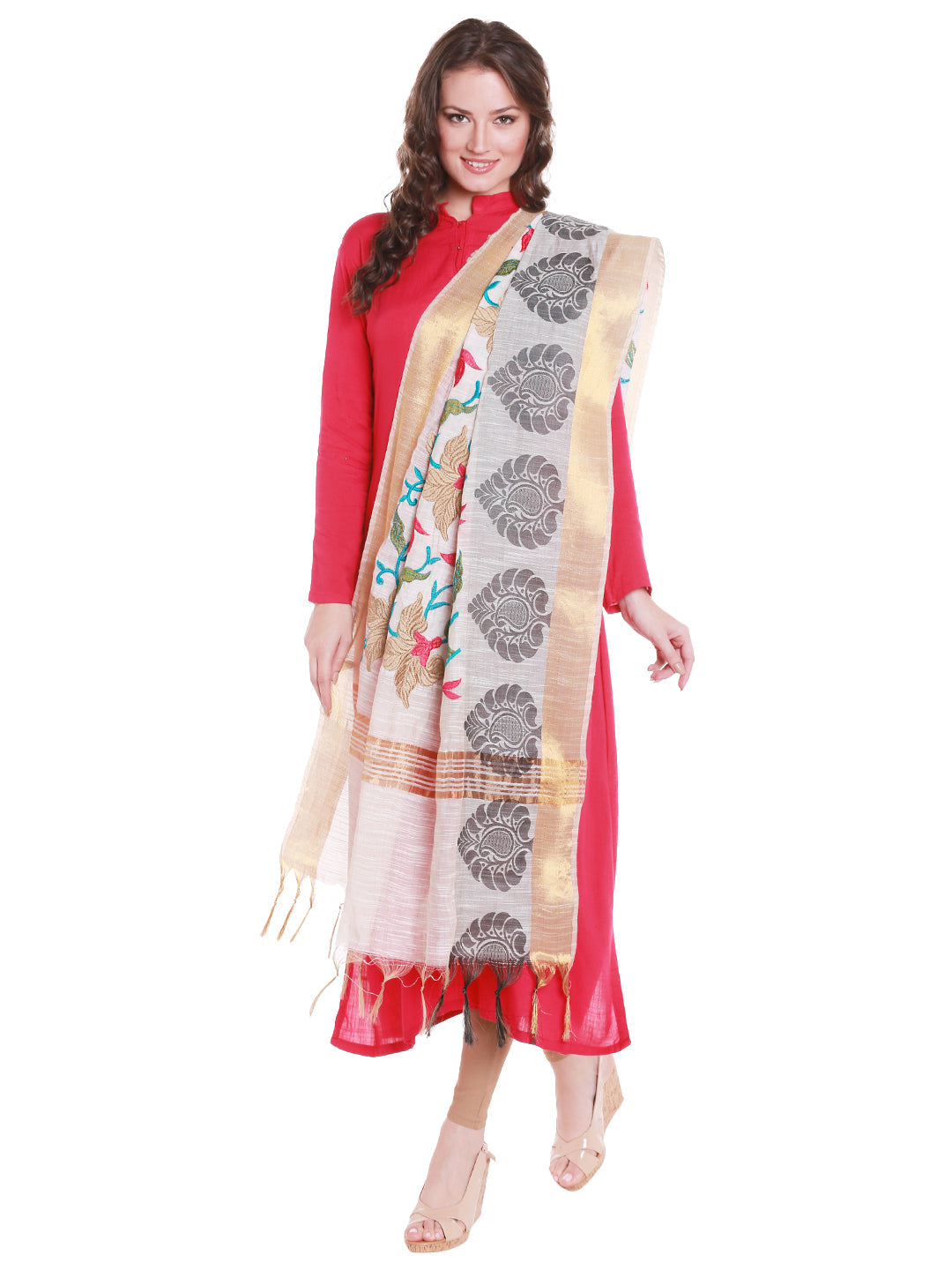Dupatta Bazaar Women's Cotton Silk Dupatta with Multicoloured Floral Embroidery. - Dupatta Bazaar