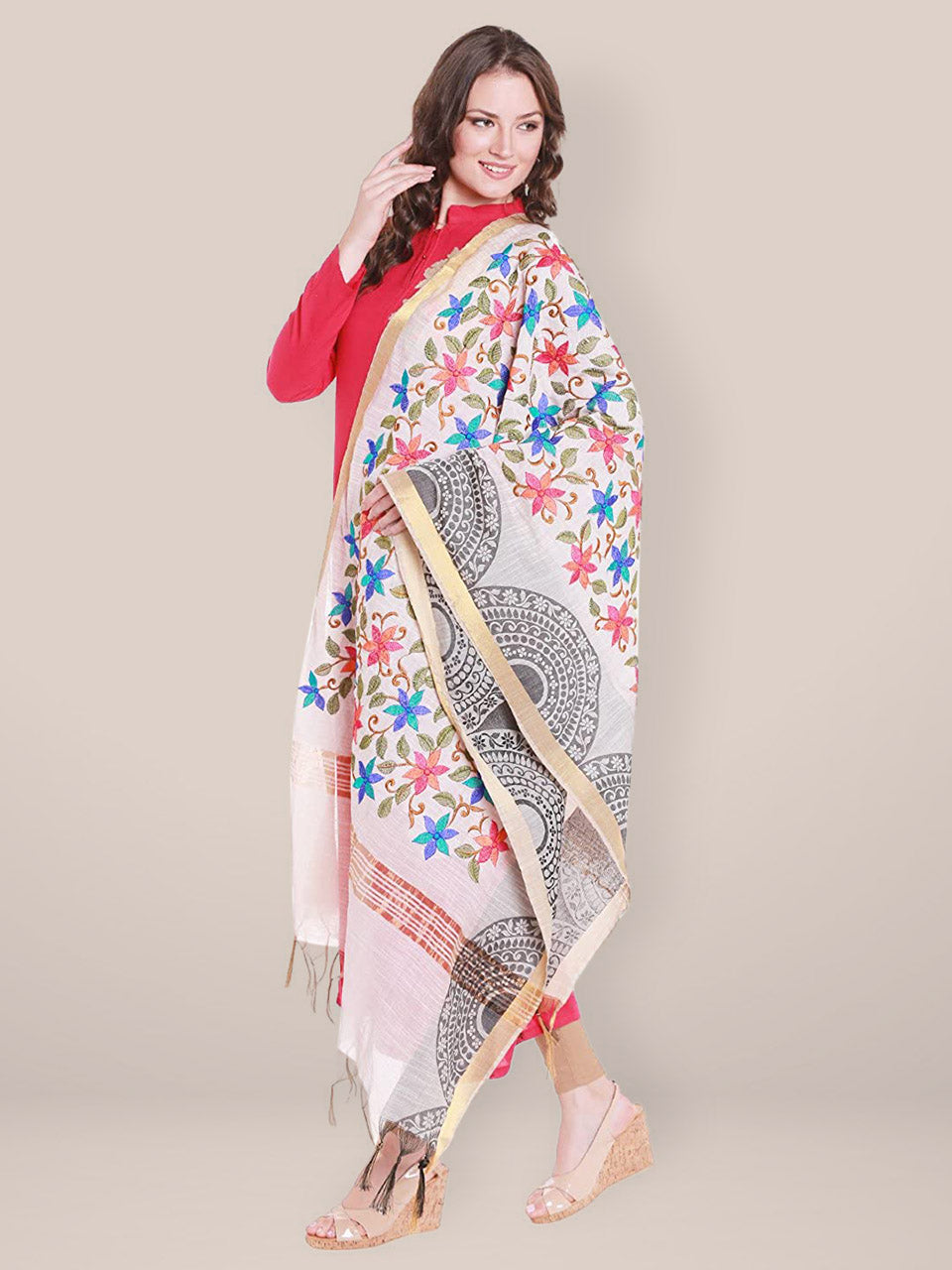 Cotton Silk Dupatta with Multicoloured Floral Embroidery. freeshipping - Dupatta Bazaar