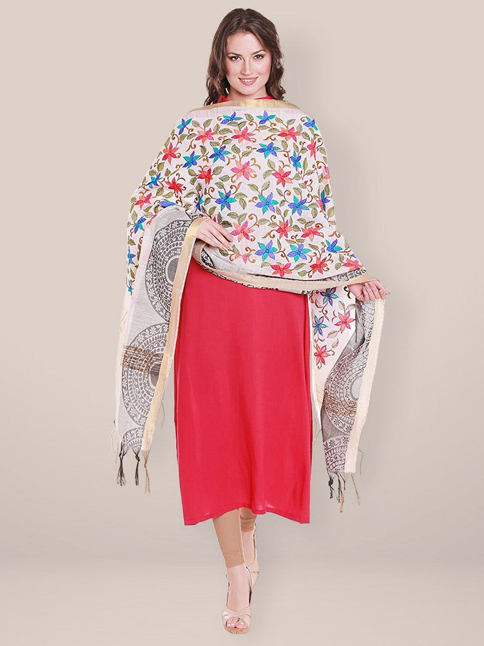 Cotton Silk Dupatta with Multicoloured Floral Embroidery. freeshipping - Dupatta Bazaar
