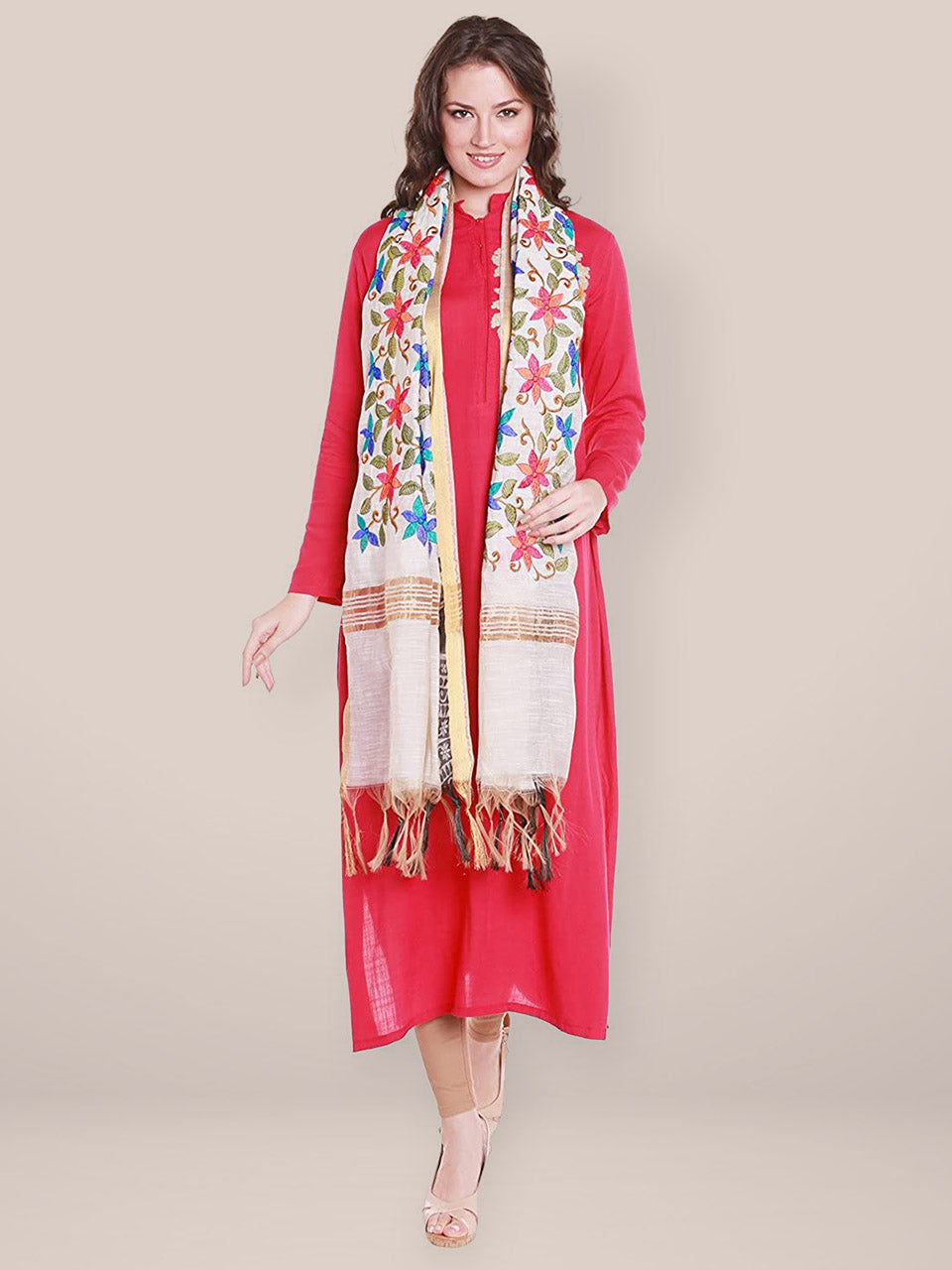 Cotton Silk Dupatta with Multicoloured Floral Embroidery. freeshipping - Dupatta Bazaar