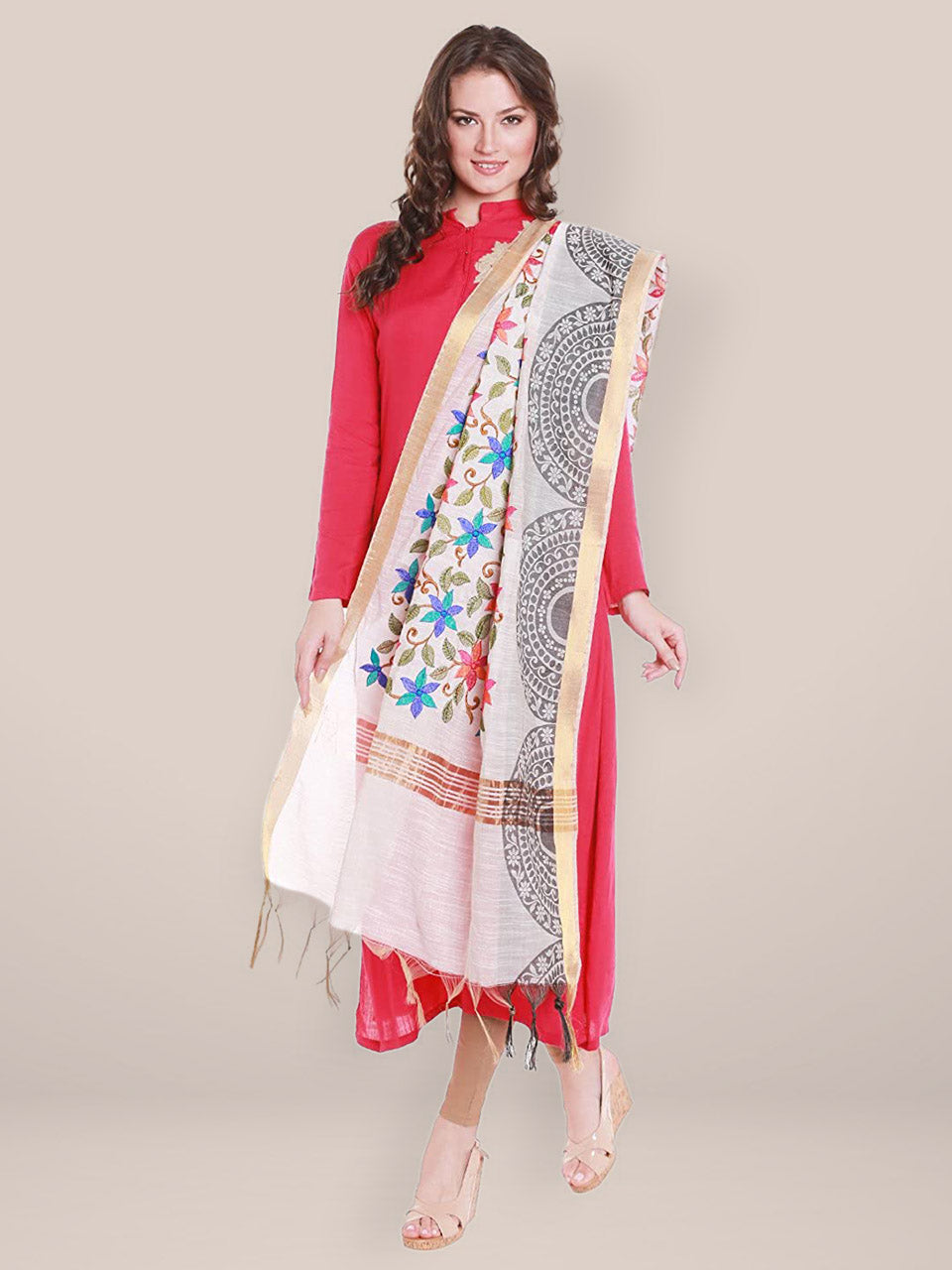 Cotton Silk Dupatta with Multicoloured Floral Embroidery. freeshipping - Dupatta Bazaar