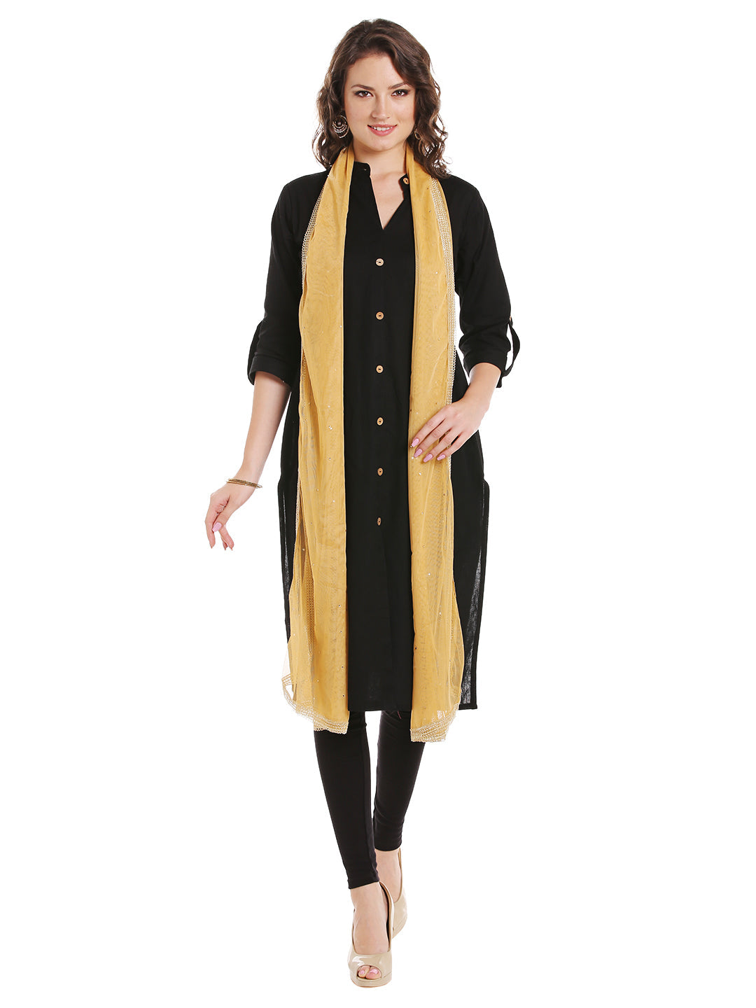 Dupatta Bazaar Women's Beige Net Dupatta with Gold Border - Dupatta Bazaar