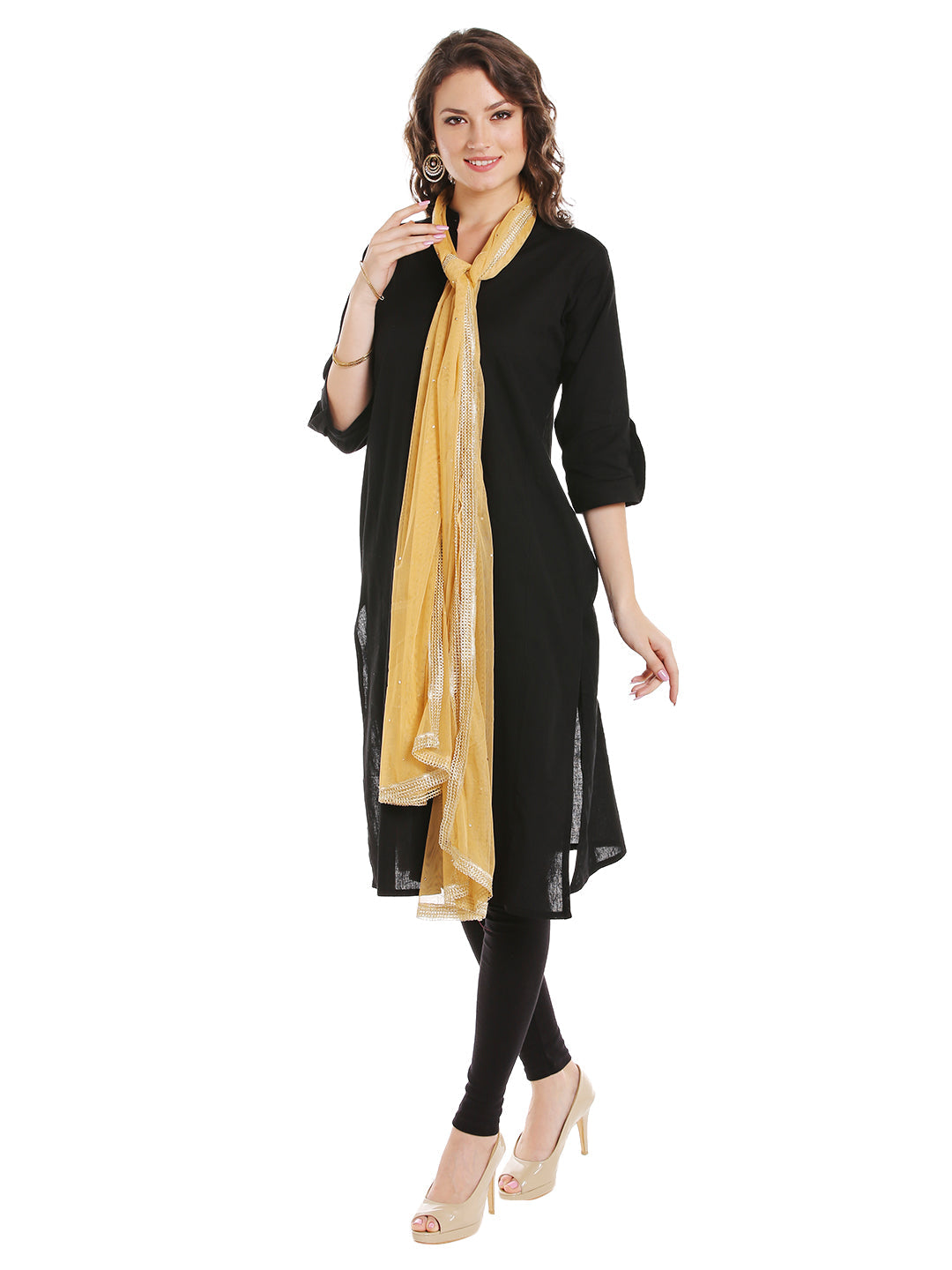Dupatta Bazaar Women's Beige Net Dupatta with Gold Border - Dupatta Bazaar