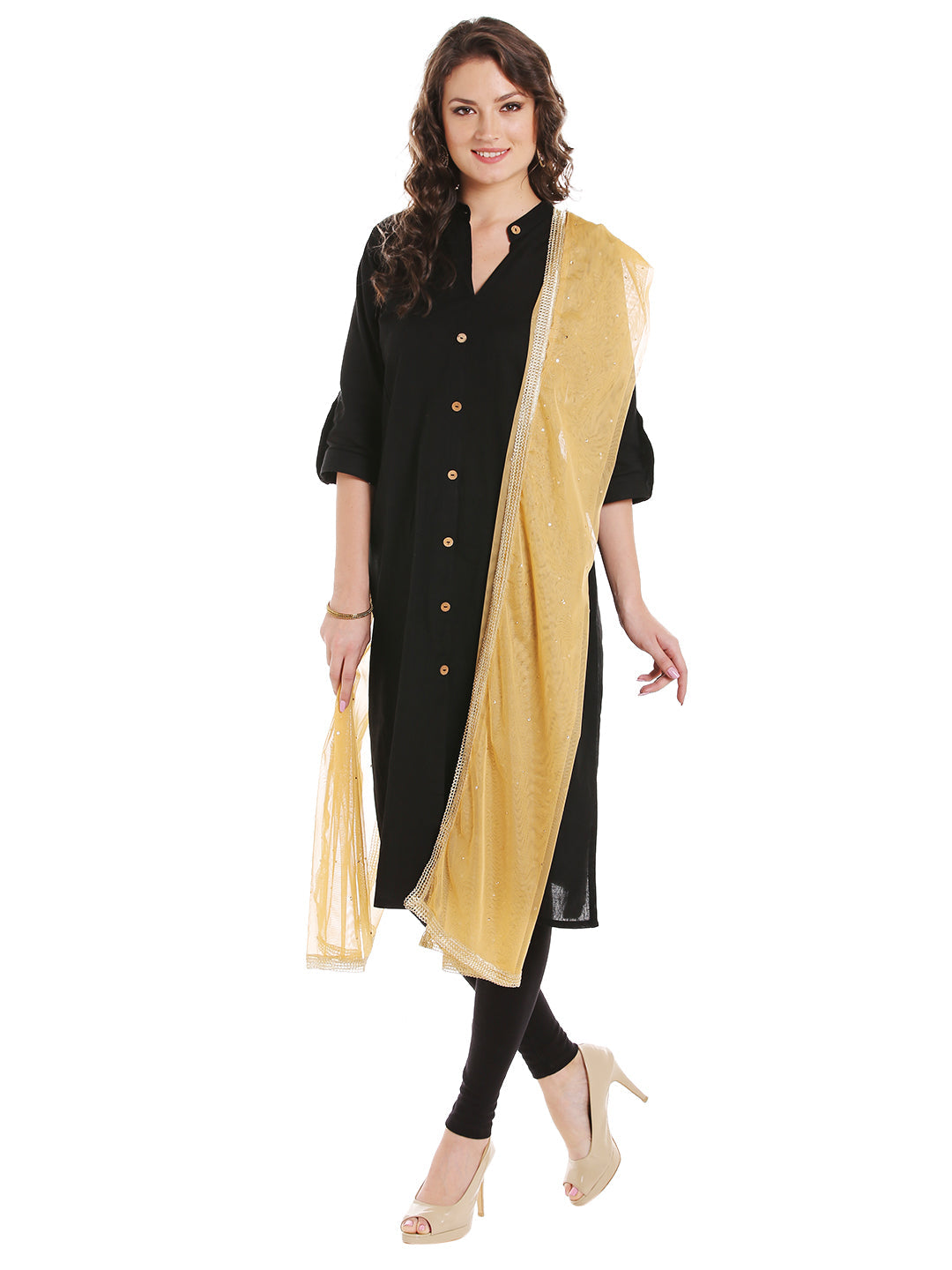 Dupatta Bazaar Women's Beige Net Dupatta with Gold Border - Dupatta Bazaar
