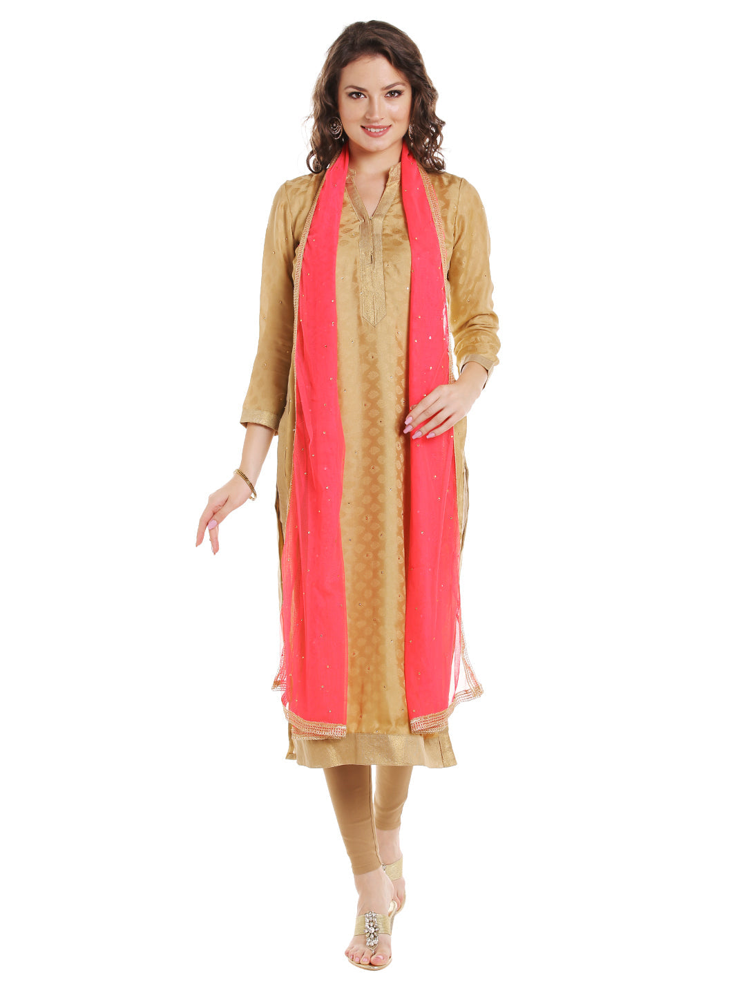 Dupatta Bazaar Women's Peach Net Dupatta with Gold Border - Dupatta Bazaar