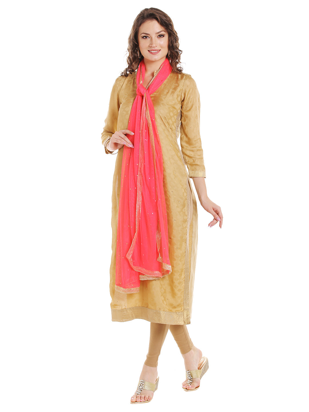 Dupatta Bazaar Women's Peach Net Dupatta with Gold Border - Dupatta Bazaar