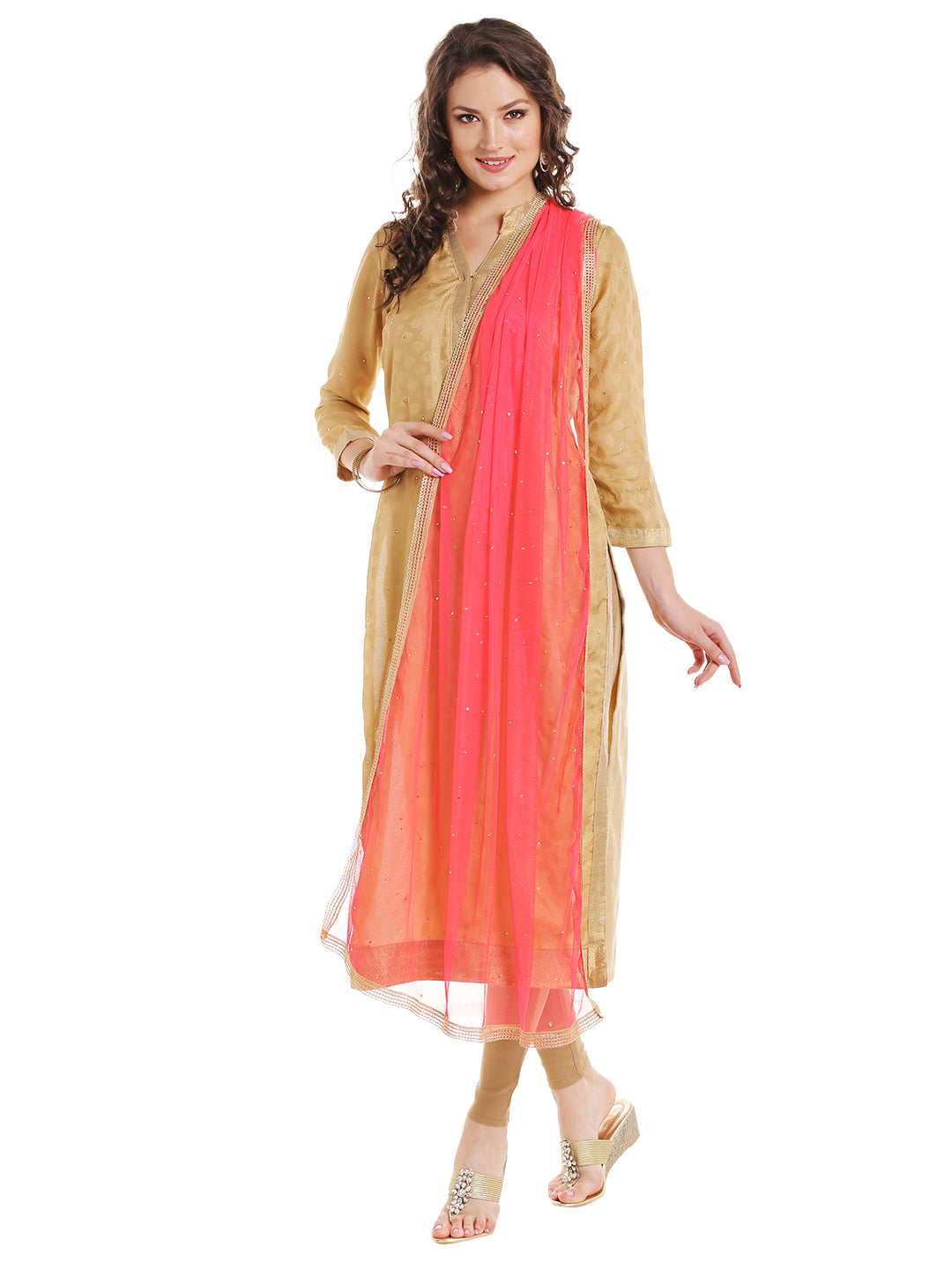 Dupatta Bazaar Women's Peach Net Dupatta with Gold Border - Dupatta Bazaar