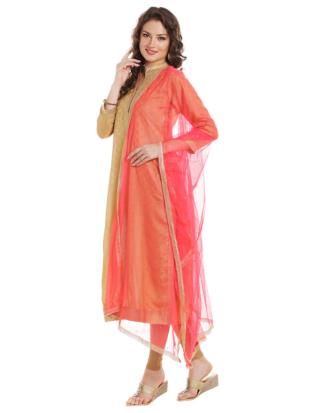 Dupatta Bazaar Women's Peach Net Dupatta with Gold Border - Dupatta Bazaar
