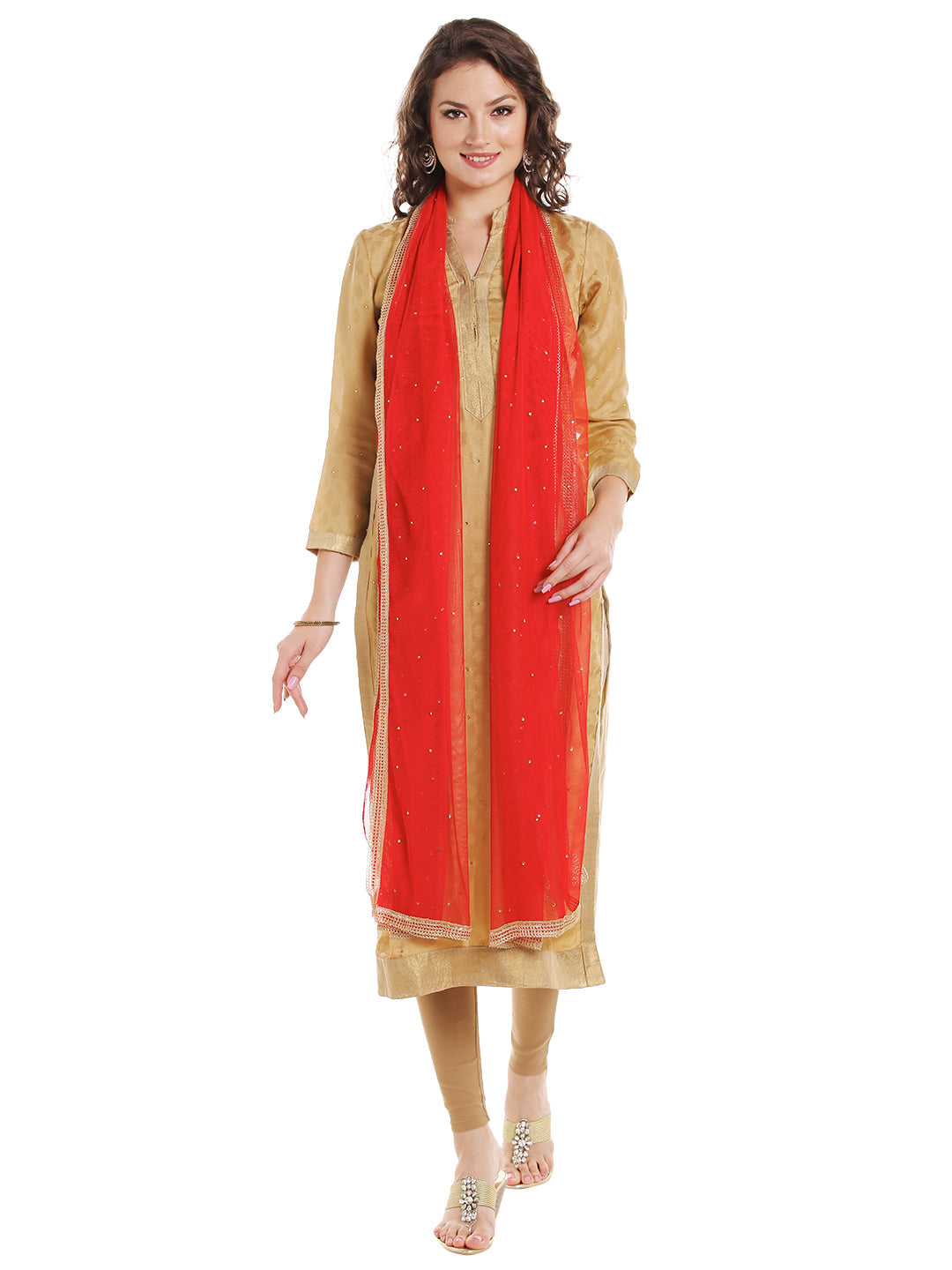 Dupatta Bazaar Women's Red Net Dupatta with Gold Border - Dupatta Bazaar