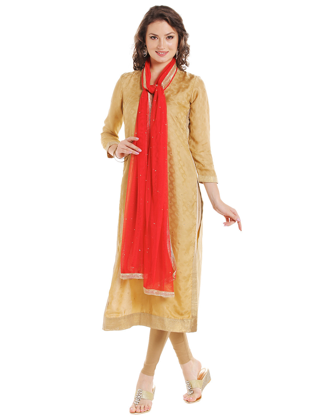 Dupatta Bazaar Women's Red Net Dupatta with Gold Border - Dupatta Bazaar