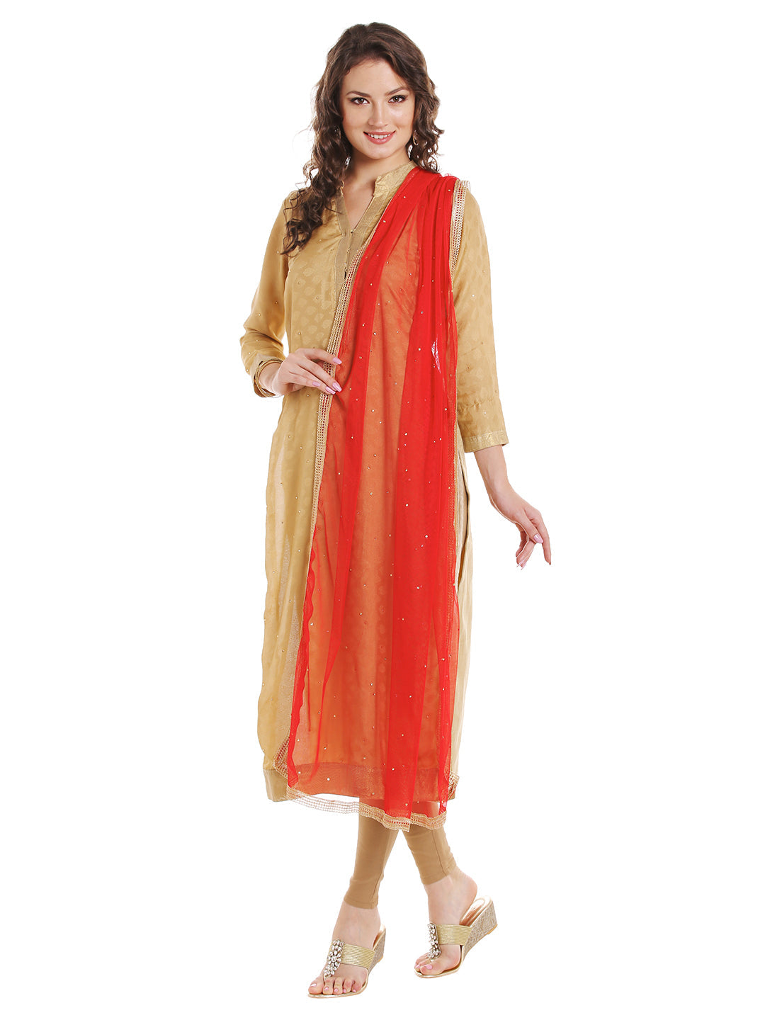 Dupatta Bazaar Women's Red Net Dupatta with Gold Border - Dupatta Bazaar