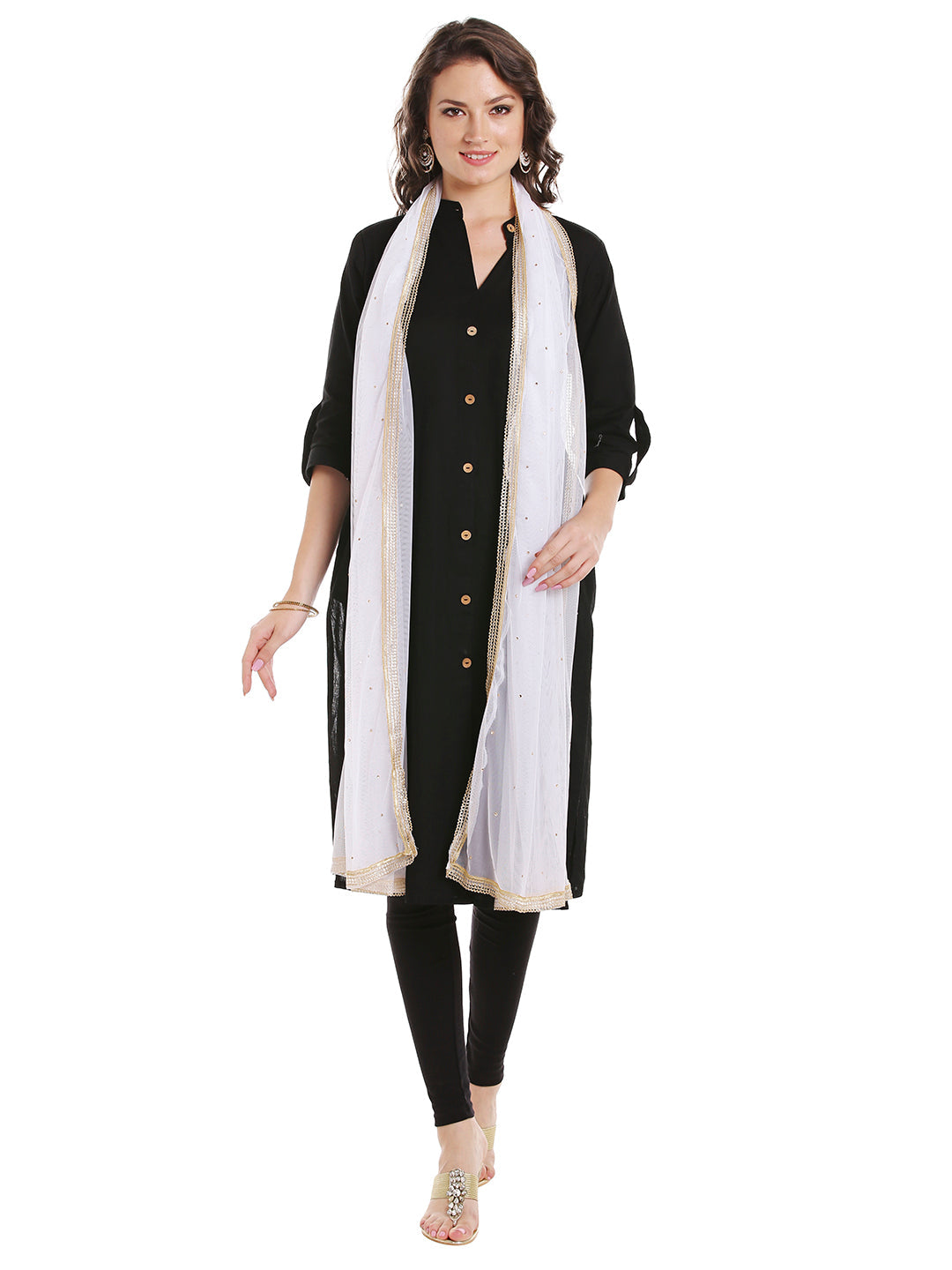 Dupatta Bazaar Women's White Net Dupatta with Gold Border - Dupatta Bazaar