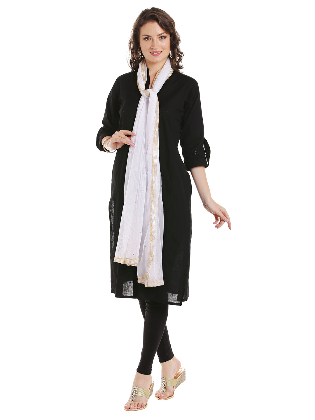Dupatta Bazaar Women's White Net Dupatta with Gold Border - Dupatta Bazaar