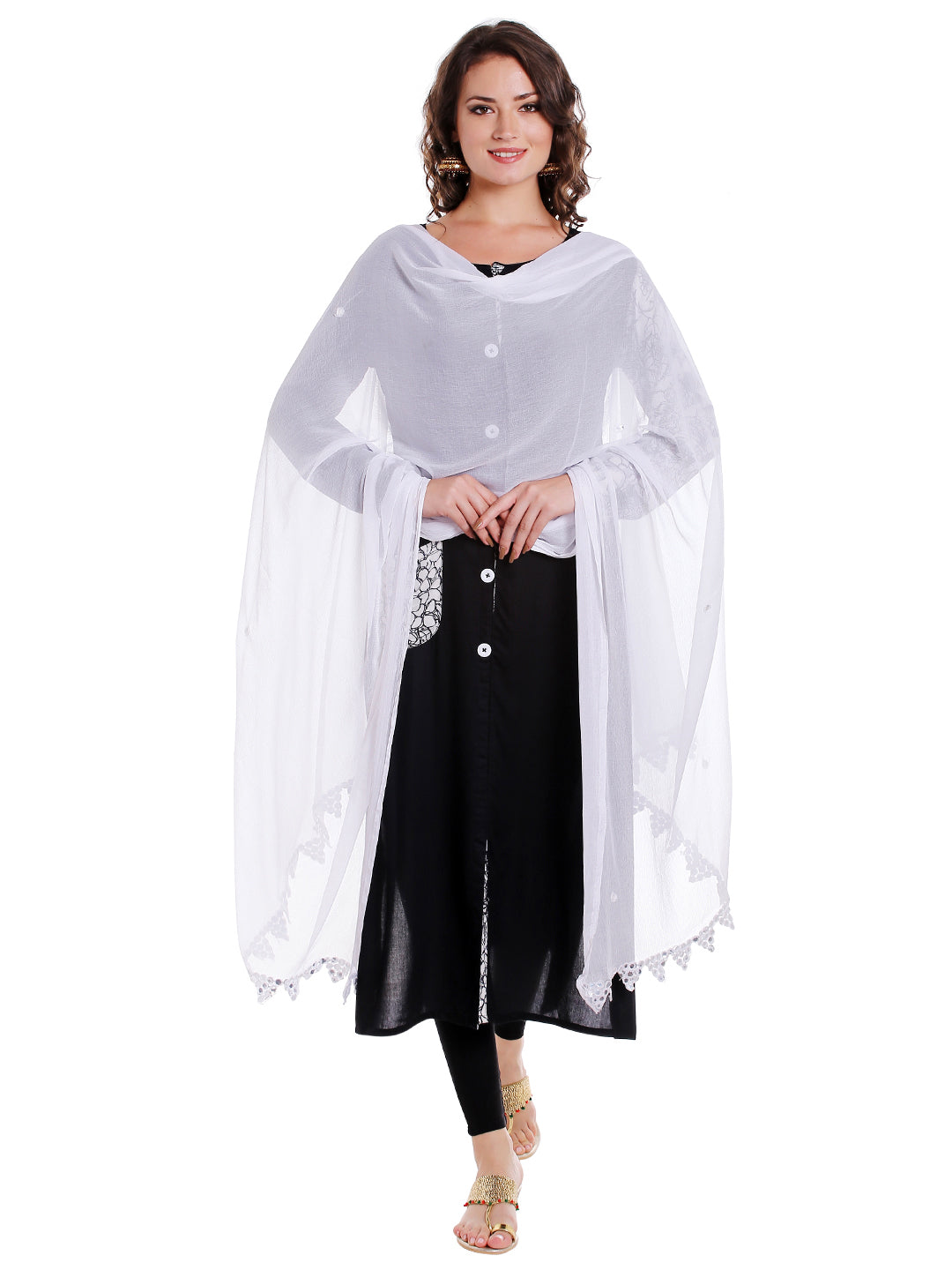 Dupatta Bazaar Women's White Chiffon Dupatta with Mirror work. - Dupatta Bazaar