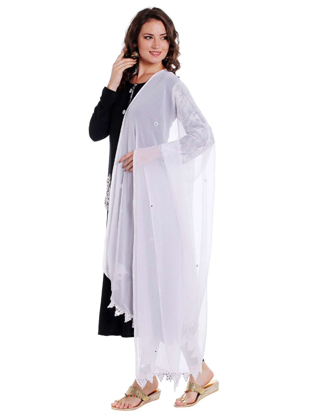 Dupatta Bazaar Women's White Chiffon Dupatta with Mirror work. - Dupatta Bazaar