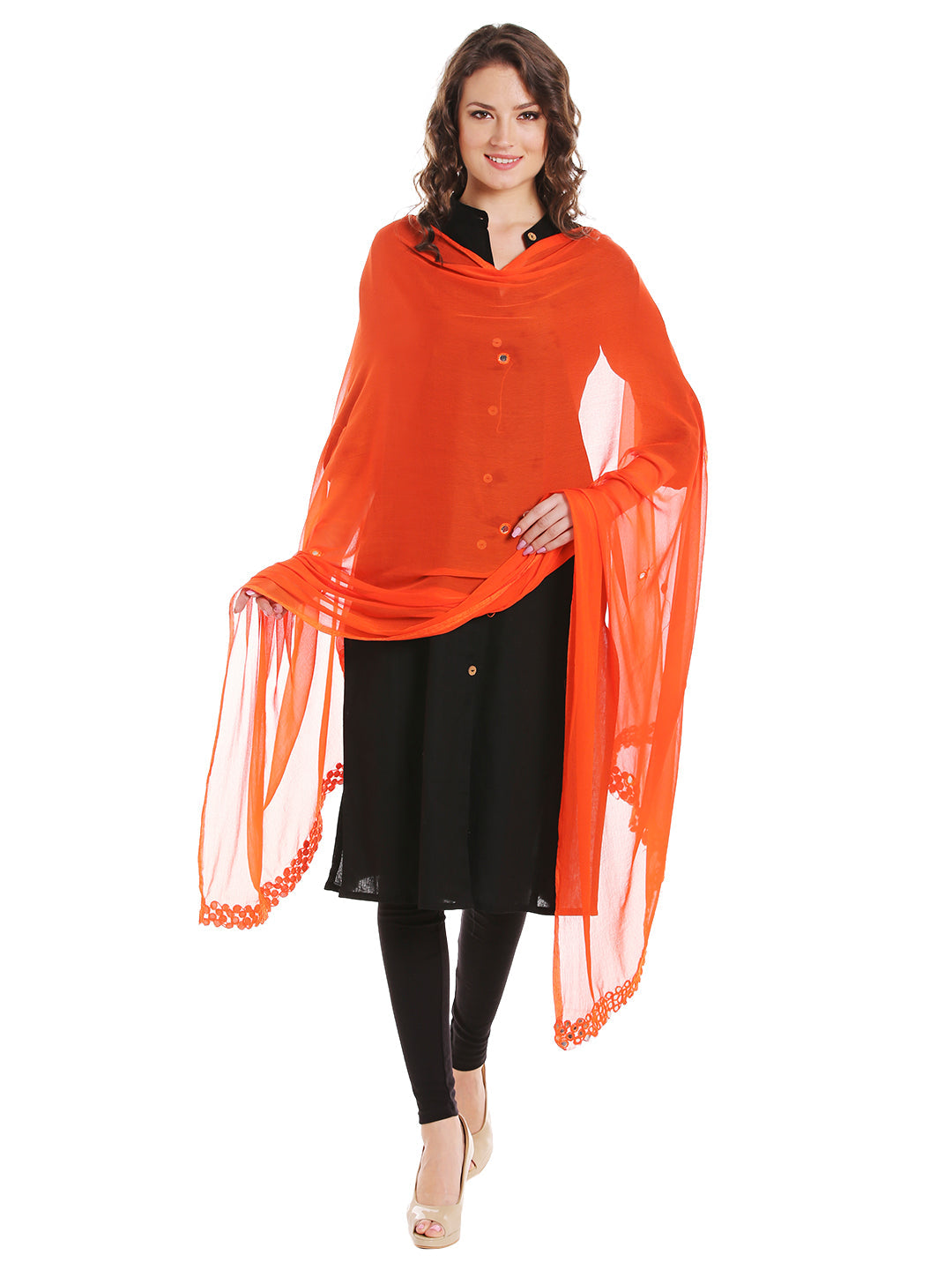 Dupatta Bazaar Women's Orange Chiffon Dupatta with Mirror work. - Dupatta Bazaar