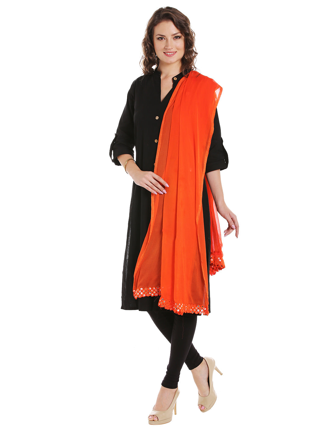 Dupatta Bazaar Women's Orange Chiffon Dupatta with Mirror work. - Dupatta Bazaar