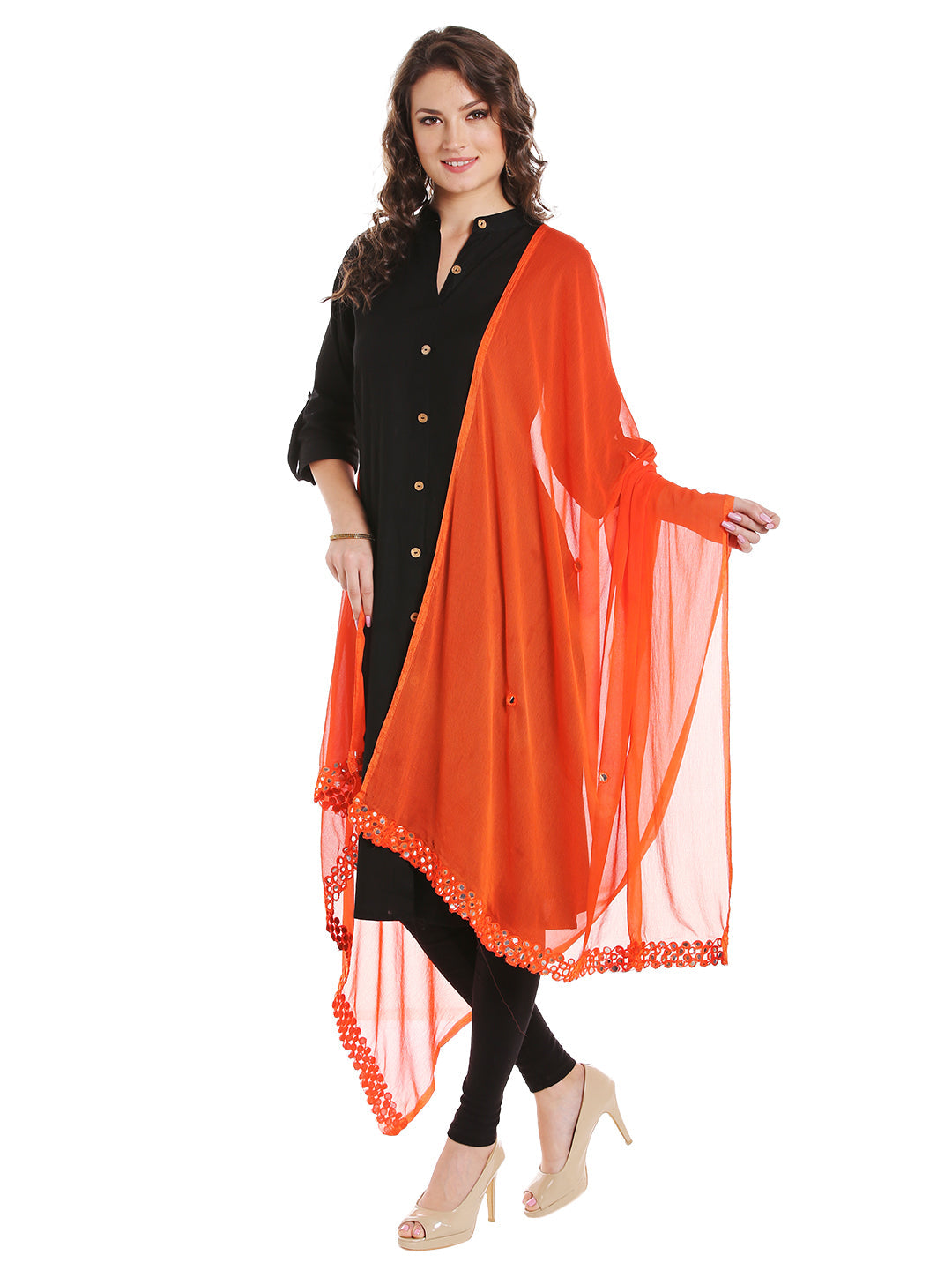 Dupatta Bazaar Women's Orange Chiffon Dupatta with Mirror work. - Dupatta Bazaar
