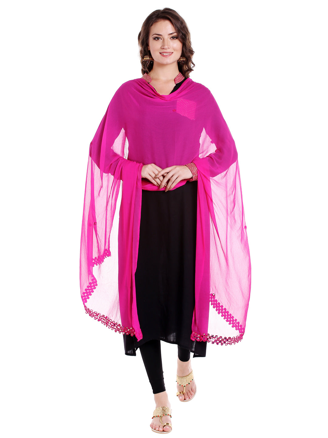 Dupatta Bazaar Women's Pink Chiffon Dupatta with Mirror work. - Dupatta Bazaar