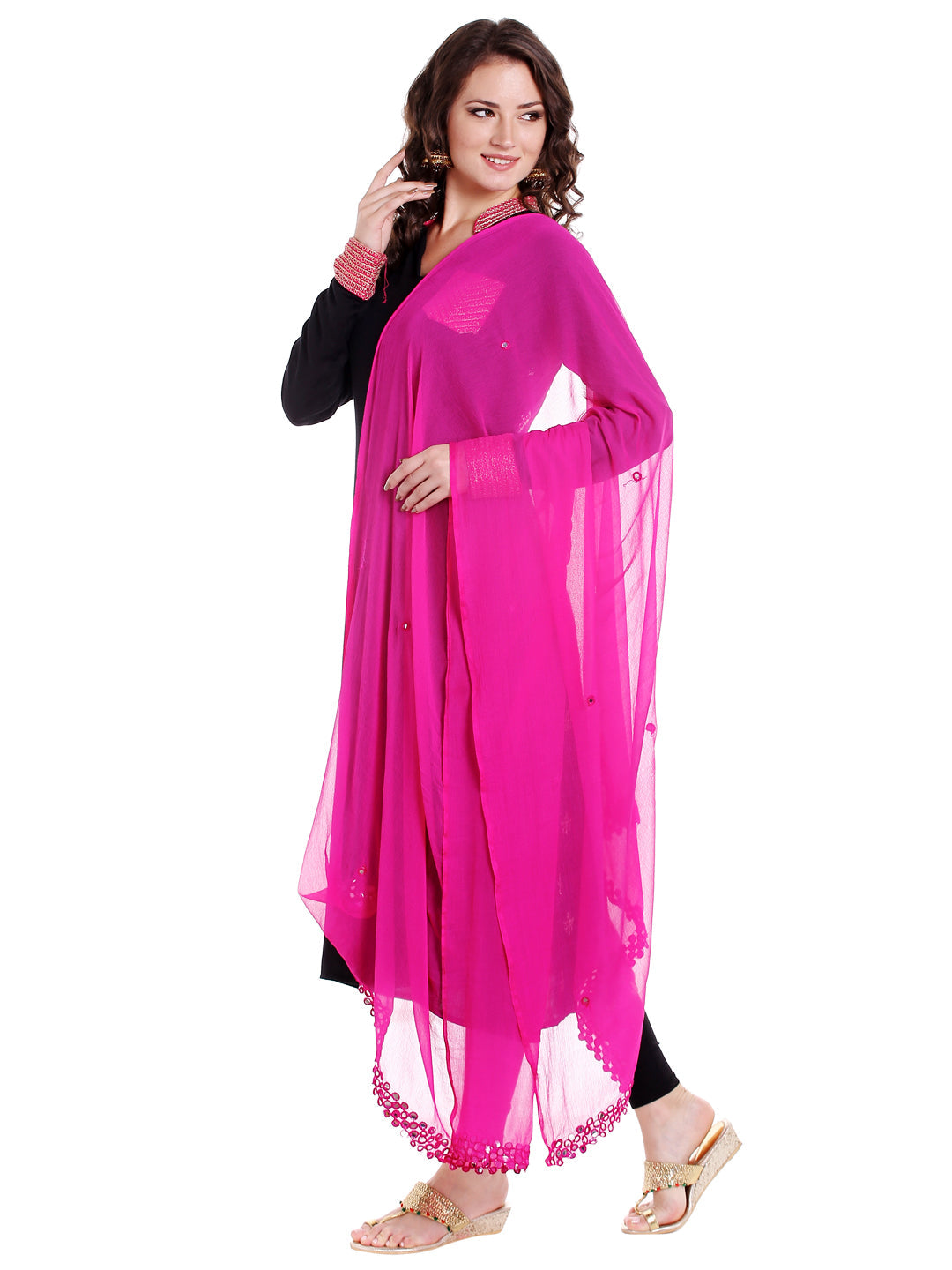 Dupatta Bazaar Women's Pink Chiffon Dupatta with Mirror work. - Dupatta Bazaar