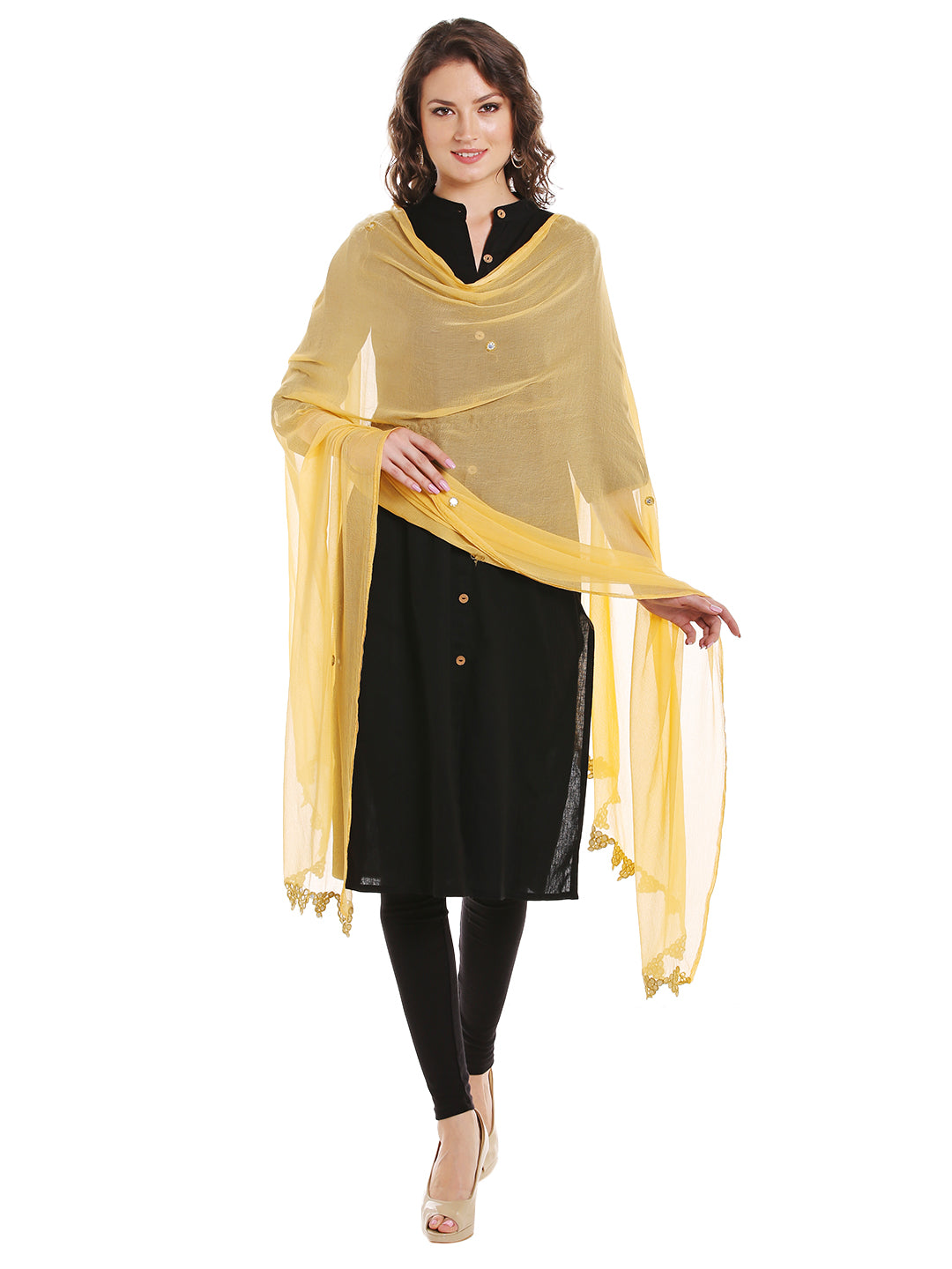 Dupatta Bazaar Women's Beige Chiffon Dupatta with Mirror work. - Dupatta Bazaar