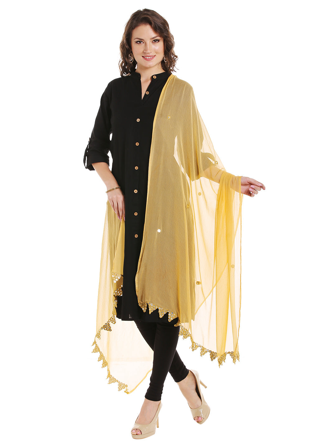 Dupatta Bazaar Women's Beige Chiffon Dupatta with Mirror work. - Dupatta Bazaar
