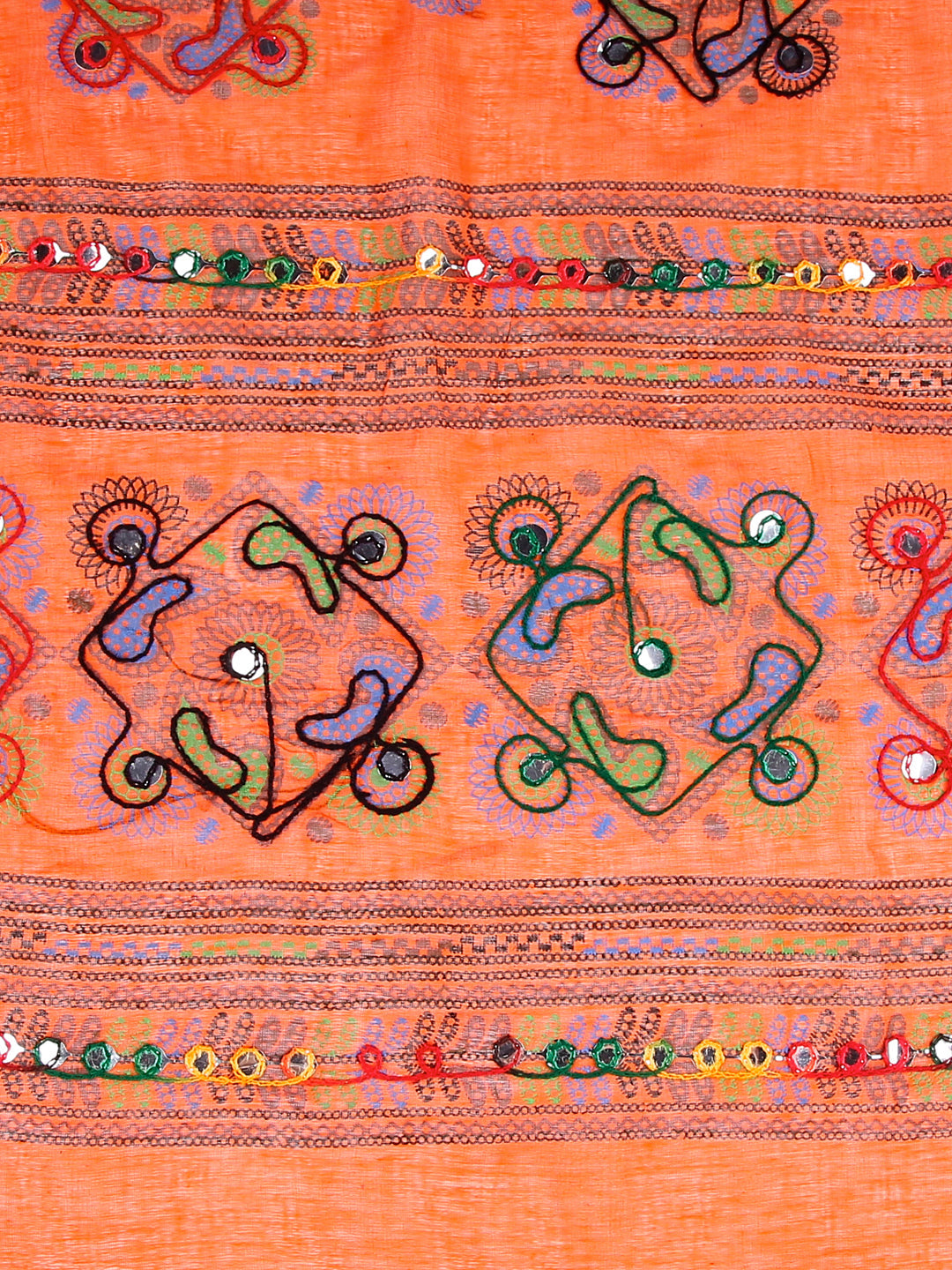 Dupatta Bazaar Women's Block Printed Cotton Orange Dupatta with Aari & Mirror work. - Dupatta Bazaar