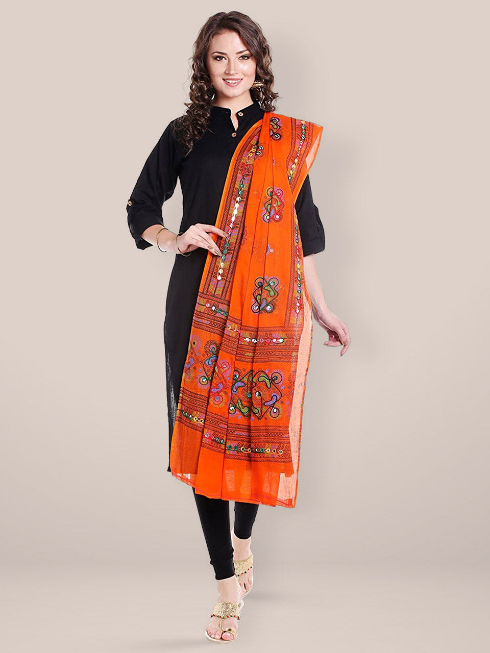 Orange Printed Cotton Dupatta with Aari  work. freeshipping - Dupatta Bazaar