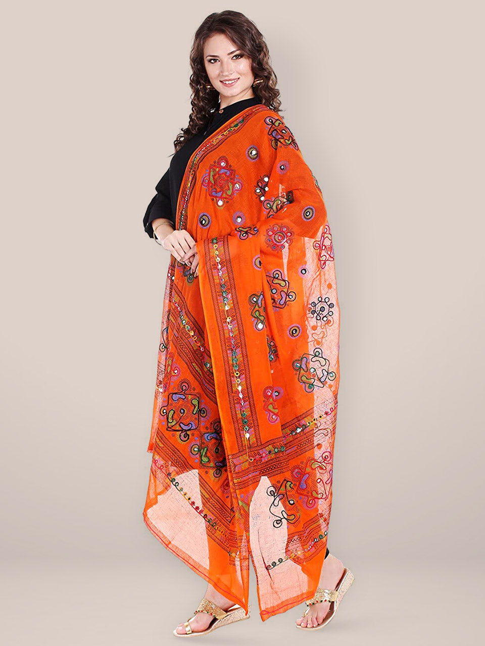 Orange Printed Cotton Dupatta with Aari  work. freeshipping - Dupatta Bazaar