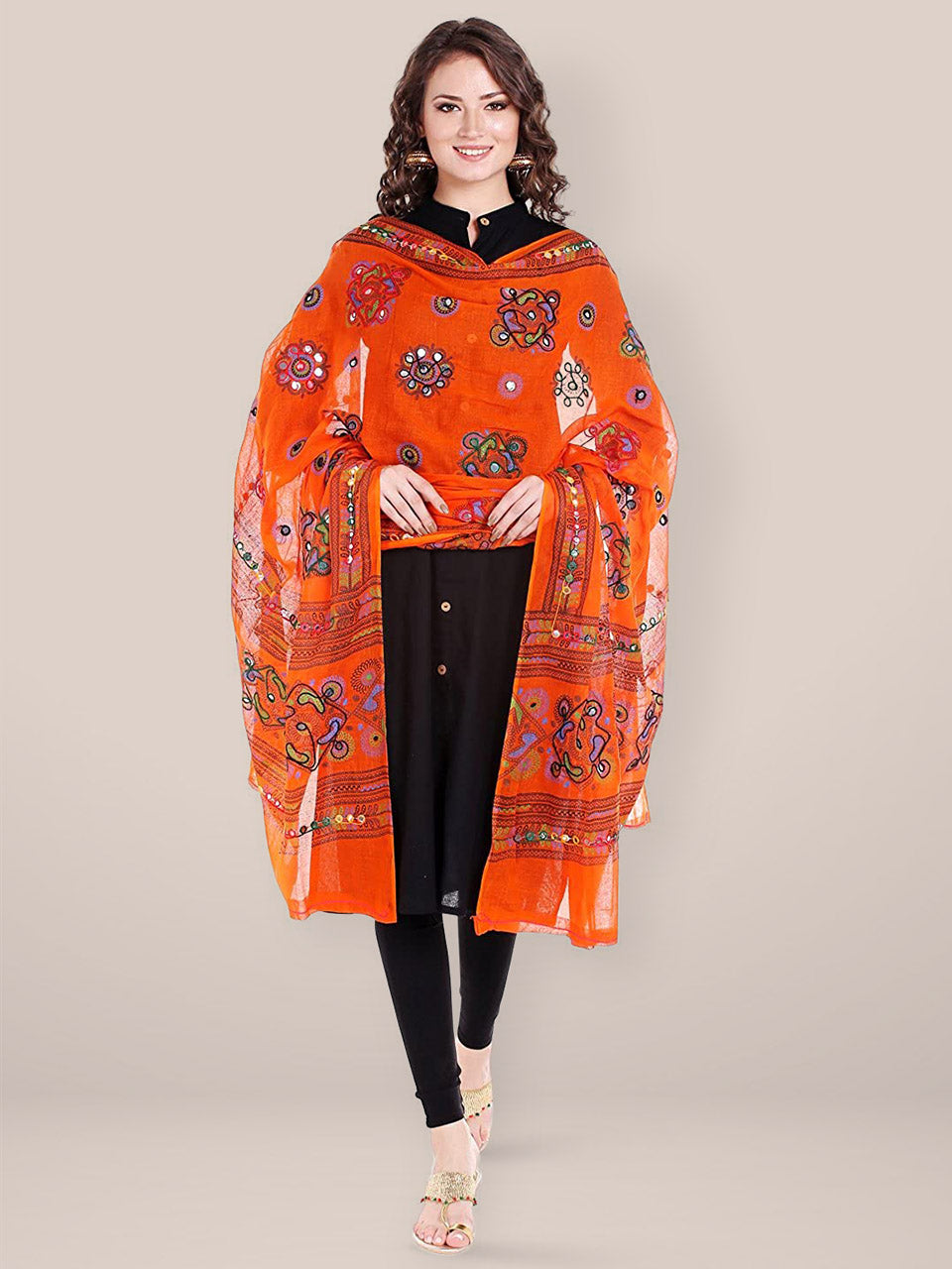 Orange Printed Cotton Dupatta with Aari  work. freeshipping - Dupatta Bazaar