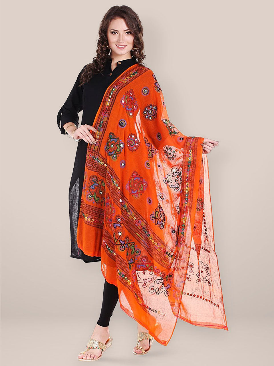 Orange Printed Cotton Dupatta with Aari  work. freeshipping - Dupatta Bazaar