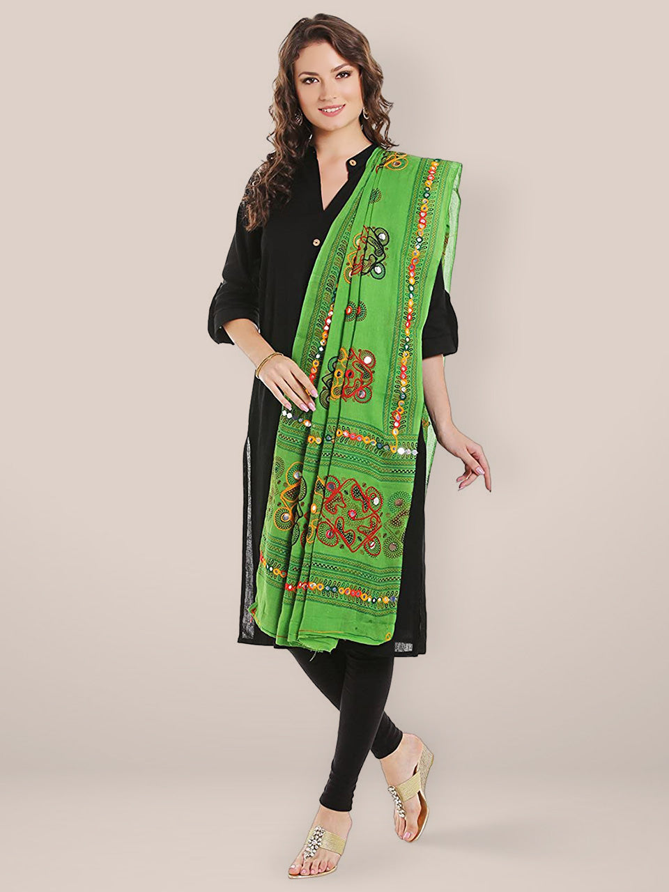 Dupatta Bazaar Women's Block Printed Cotton Green Dupatta with Aari & Mirror work. freeshipping - Dupatta Bazaar