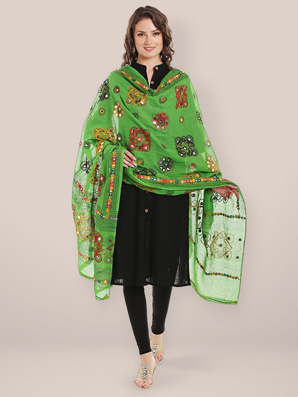 Dupatta Bazaar Women's Block Printed Cotton Green Dupatta with Aari & Mirror work. freeshipping - Dupatta Bazaar