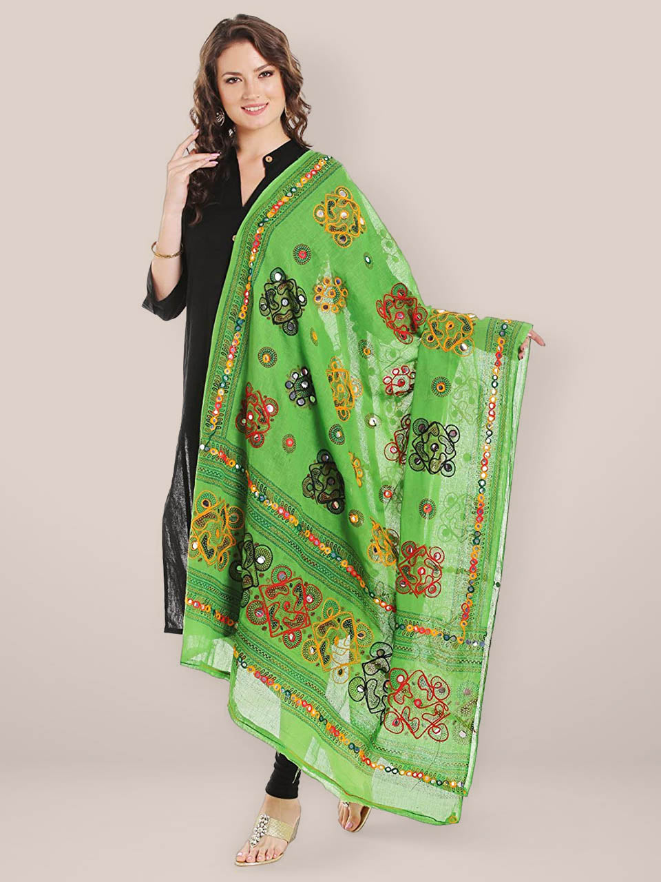 Dupatta Bazaar Women's Block Printed Cotton Green Dupatta with Aari & Mirror work. freeshipping - Dupatta Bazaar
