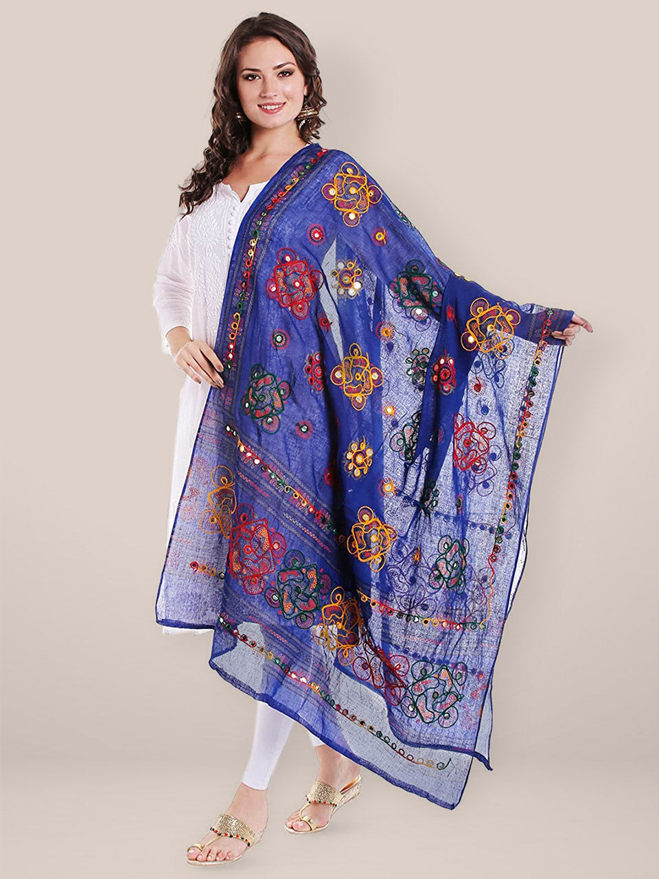 Dupatta Bazaar Women's Block Printed Cotton Blue Dupatta with Aari & Mirror work. freeshipping - Dupatta Bazaar
