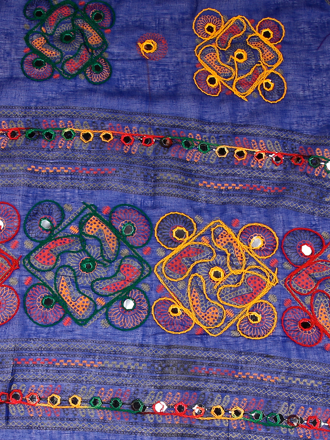 Dupatta Bazaar Women's Block Printed Cotton Blue Dupatta with Aari & Mirror work. - Dupatta Bazaar